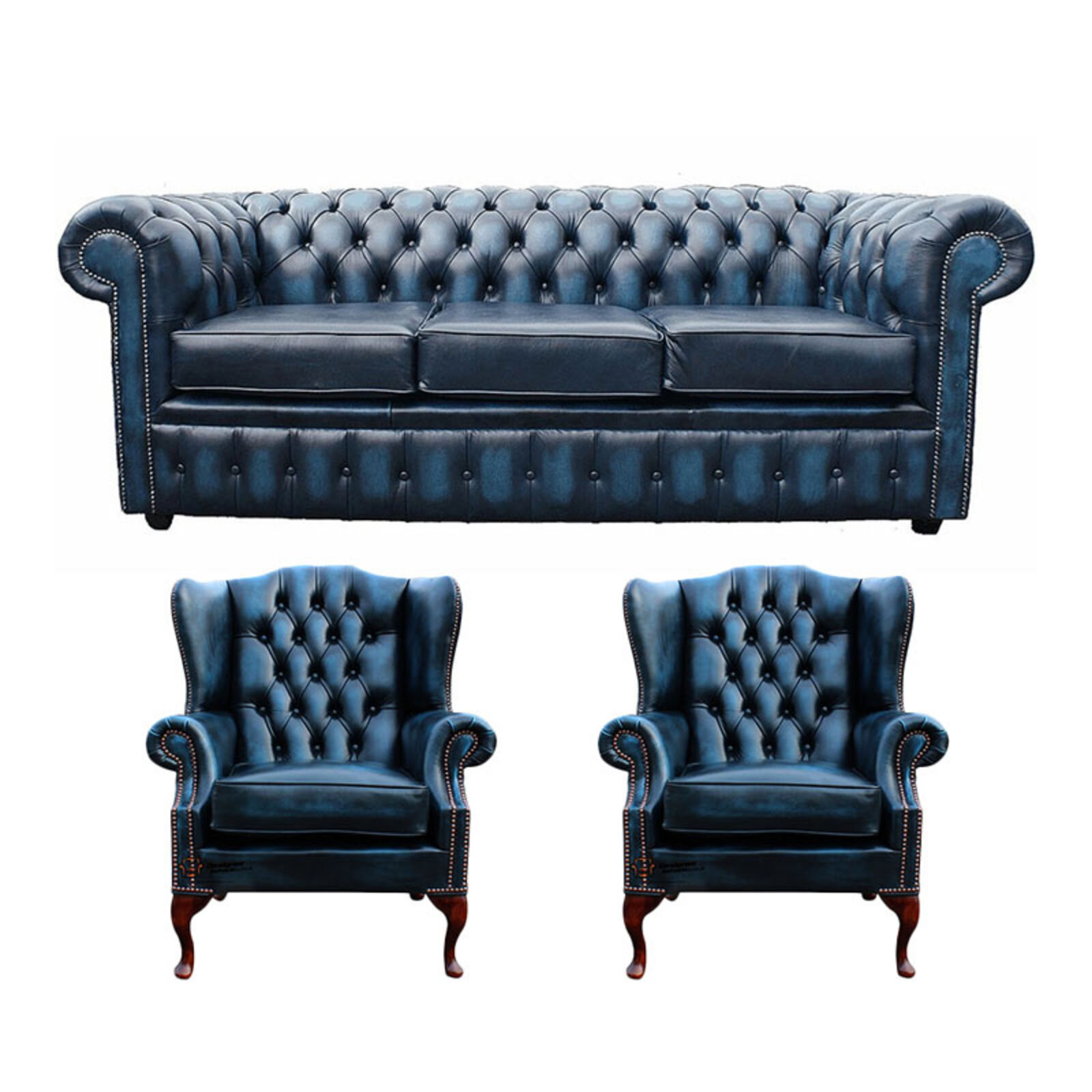 Product photograph of Chesterfield 3 Seater Sofa 2 X Mallory Wing Chairs Leather Sofa Suite Offer Antique Blue from Designer Sofas 4U