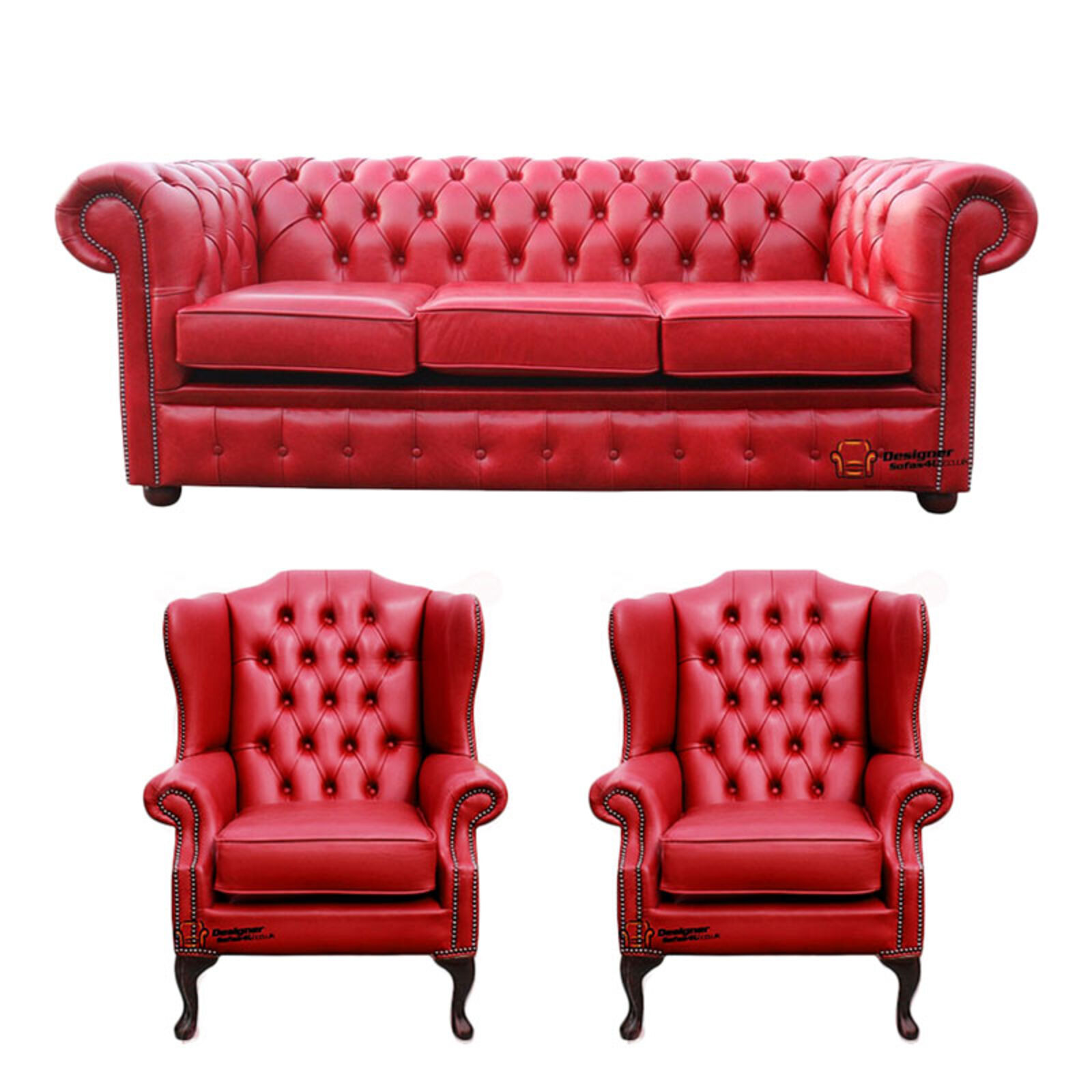 Product photograph of Chesterfield 3 Seater Sofa 2 X Mallory Wing Chairs Old English Gamay Red Leather Sofa Offer from Designer Sofas 4U
