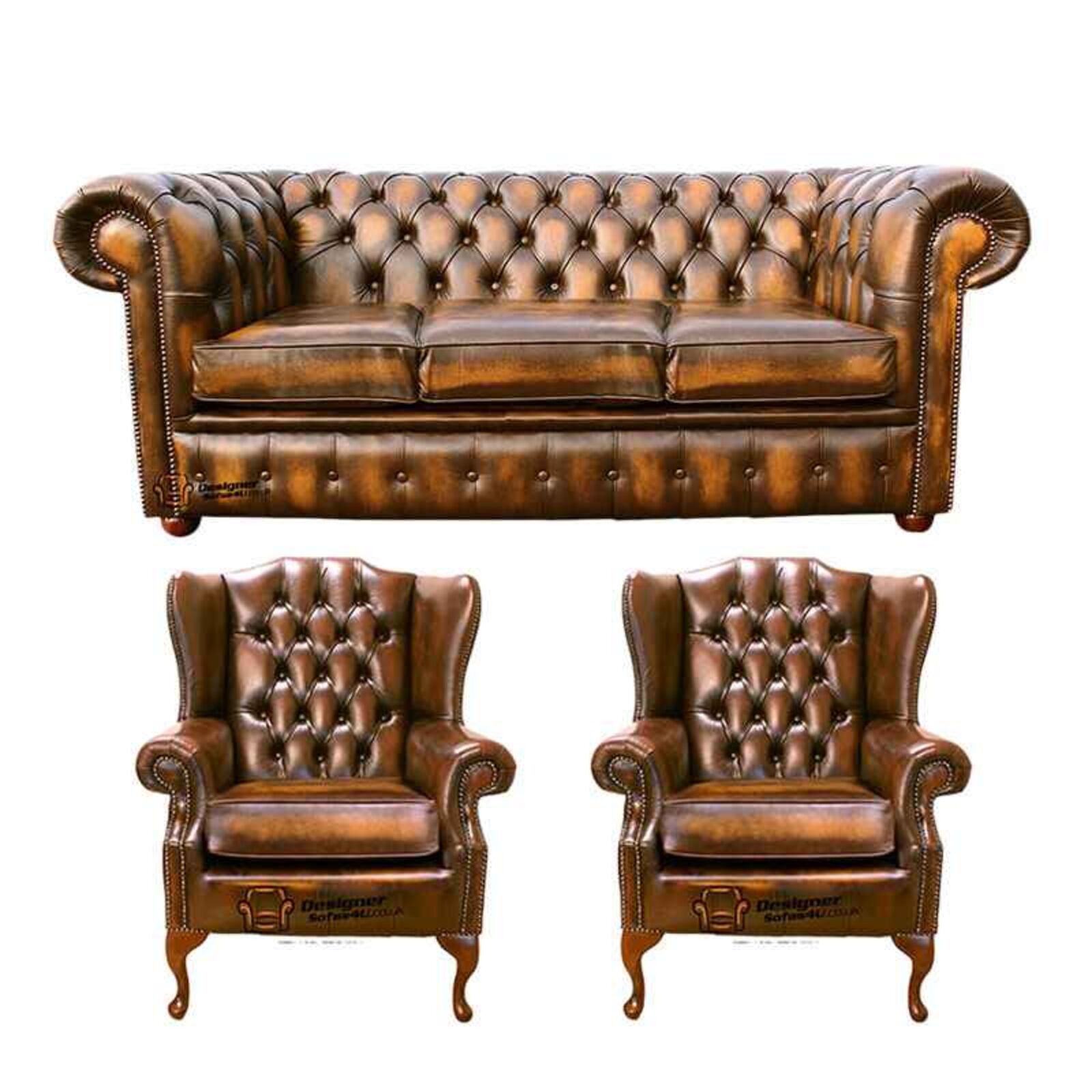 Product photograph of Chesterfield 3 Seater Sofa 2 X Mallory Wing Chairs Leather Sofa Suite Offer Antique Gold from Designer Sofas 4U