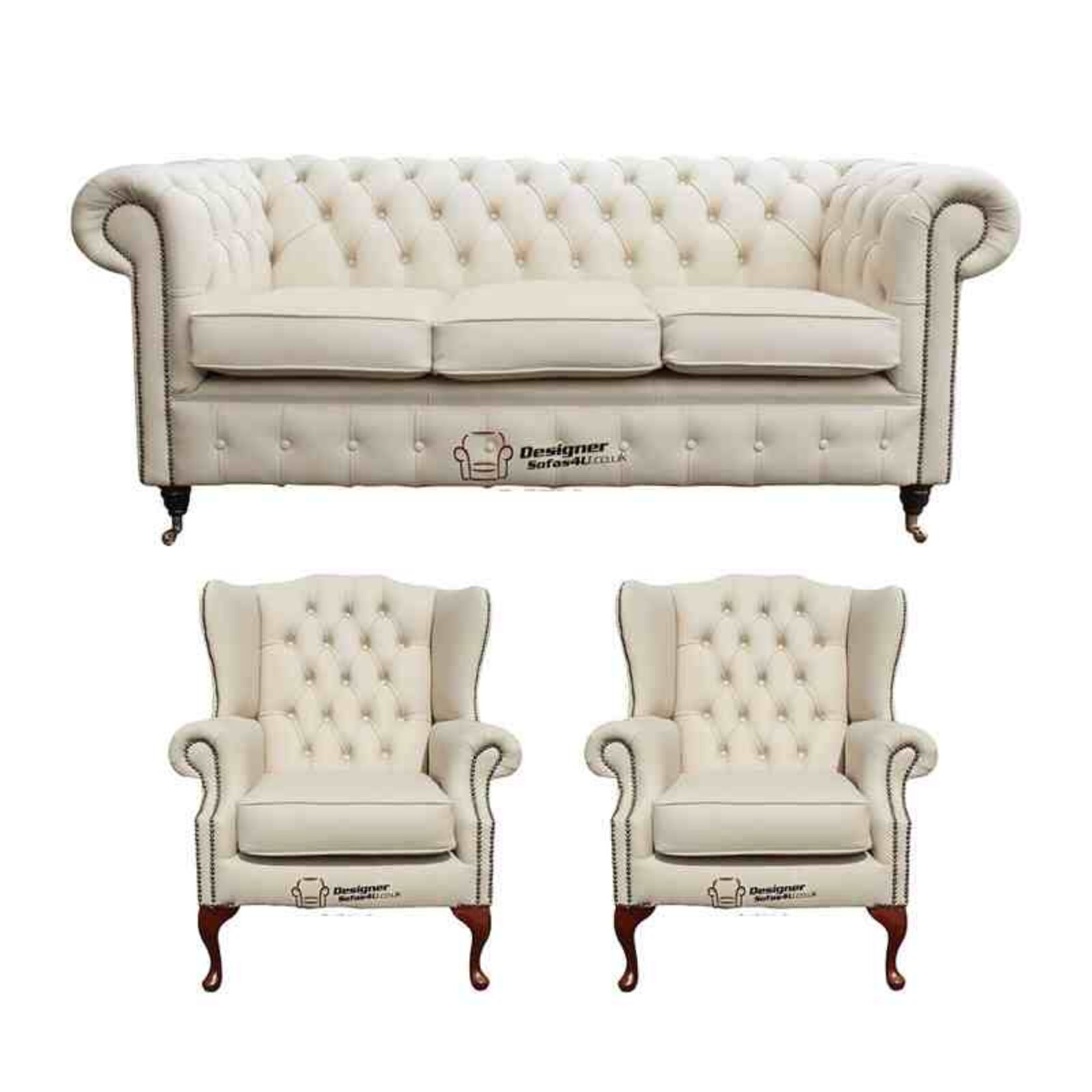 Product photograph of Chesterfield 3 Seater Sofa 2 X Mallory Wing Chairs Leather Sofa Suite Offer Cottonseed Cream from Designer Sofas 4U