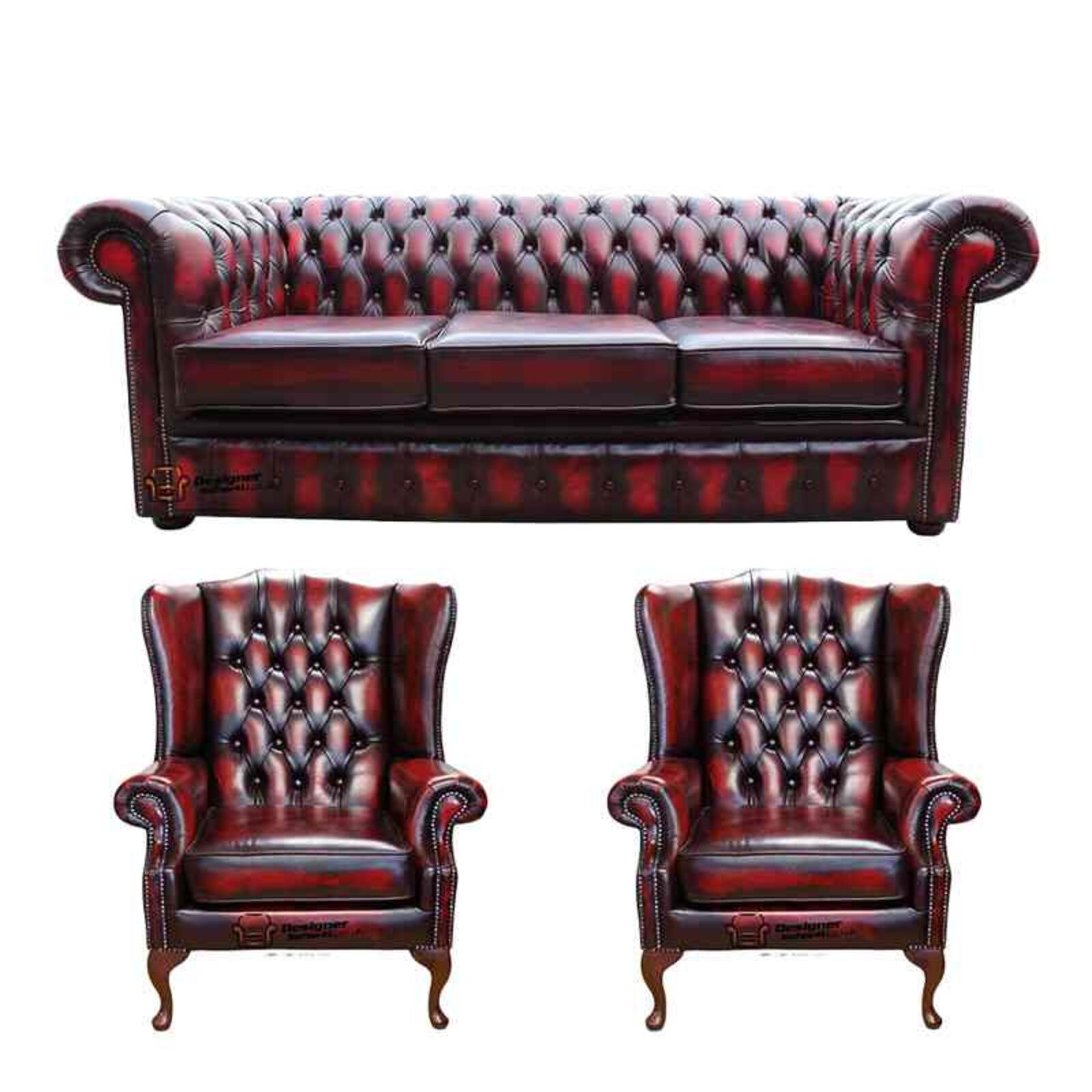 Product photograph of Chesterfield 3 Seater Sofa 2 X Mallory Wing Chairs Leather Sofa Suite Offer Antique Oxblood from Designer Sofas 4U