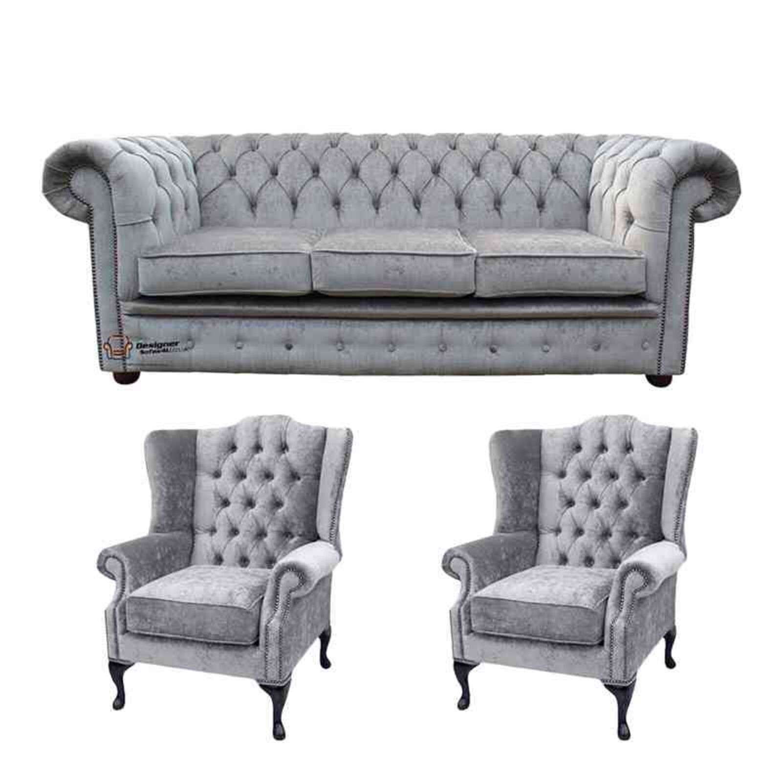 Product photograph of Chesterfield 3 Seater Sofa 2 X Mallory Wing Chair Perla Illusions Velvet Sofa Suite Offer from Designer Sofas 4U