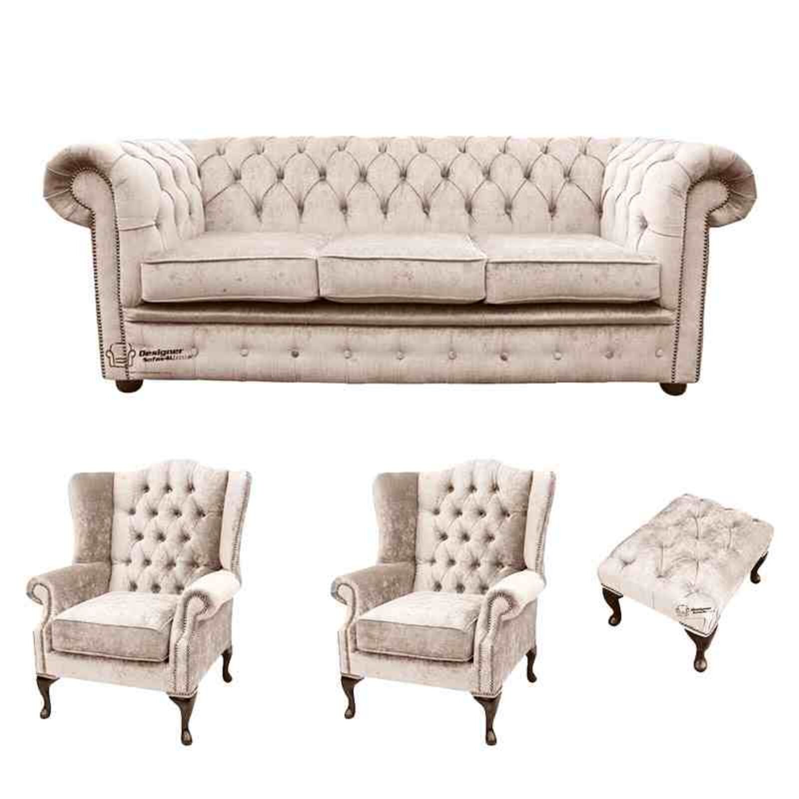 Product photograph of Chesterfield 3 Seater Sofa 2 X Mallory Wing Chairs Footstool Harmony Ivory Velvet Sofa Suite Offer from Designer Sofas 4U