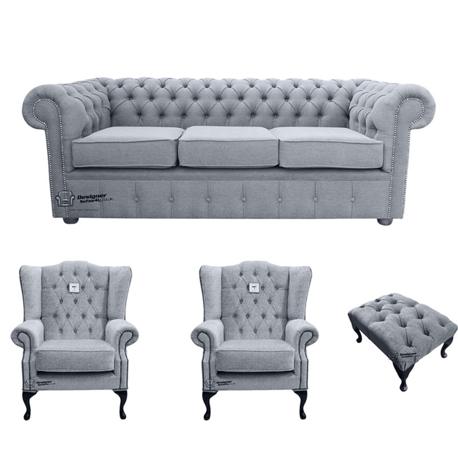 Product photograph of Chesterfield 3 Seater Sofa 2 X Mallory Wing Chairs Footstool Verity Plain Steel Fabric Sofa Suite Offer from Designer Sofas 4U