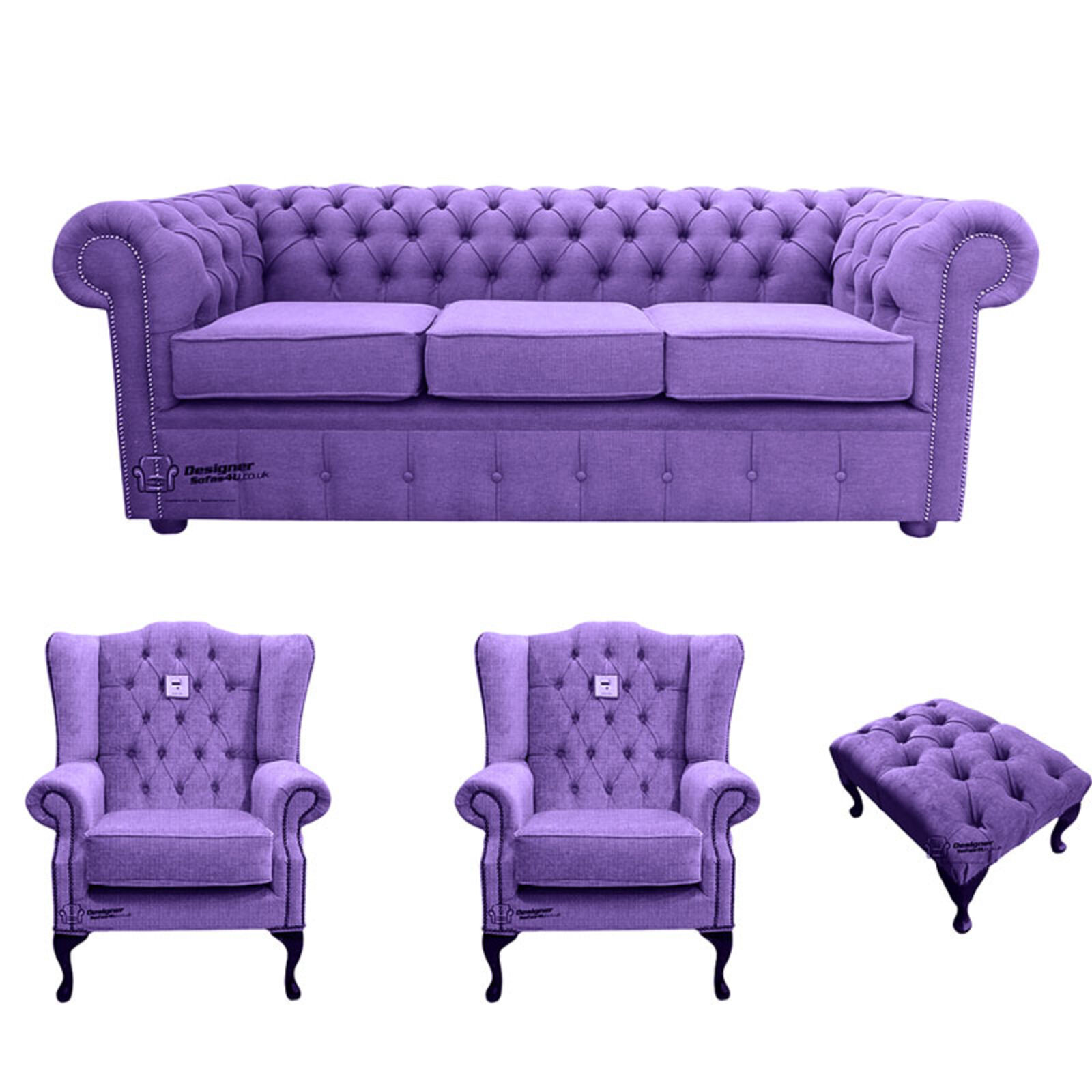 Product photograph of Chesterfield 3 Seater Sofa 2 X Mallory Wing Chairs Footstool Verity Purple Fabric Sofa Suite Offer from Designer Sofas 4U