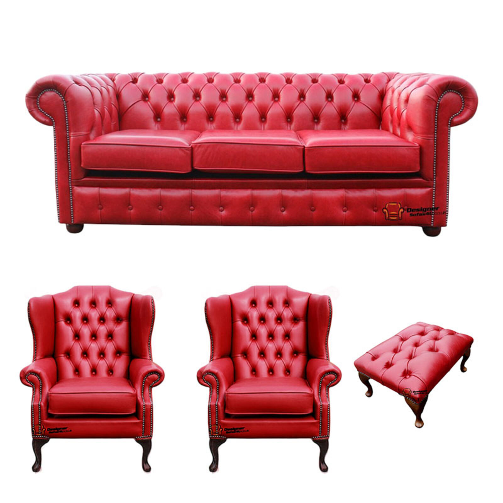Product photograph of Chesterfield 3 Seater Sofa 2 X Mallory Wing Chairs Footstool Old English Gamay Red Leather Sofa Offer from Designer Sofas 4U
