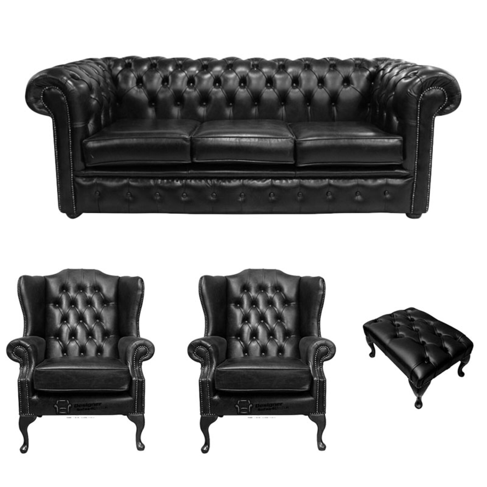 Product photograph of Chesterfield 3 Seater Sofa 2 X Mallory Wing Chairs Footstool Old English Black Leather Sofa Offer from Designer Sofas 4U