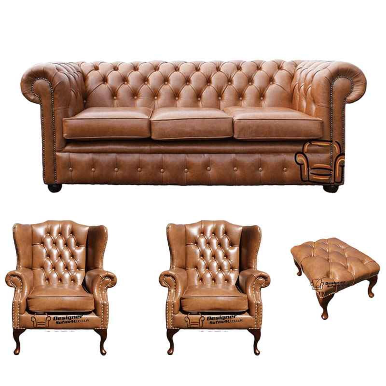 Product photograph of Chesterfield 3 Seater Sofa 2 X Mallory Wing Chairs Footstool Old English Tan Leather Sofa Offer from Designer Sofas 4U