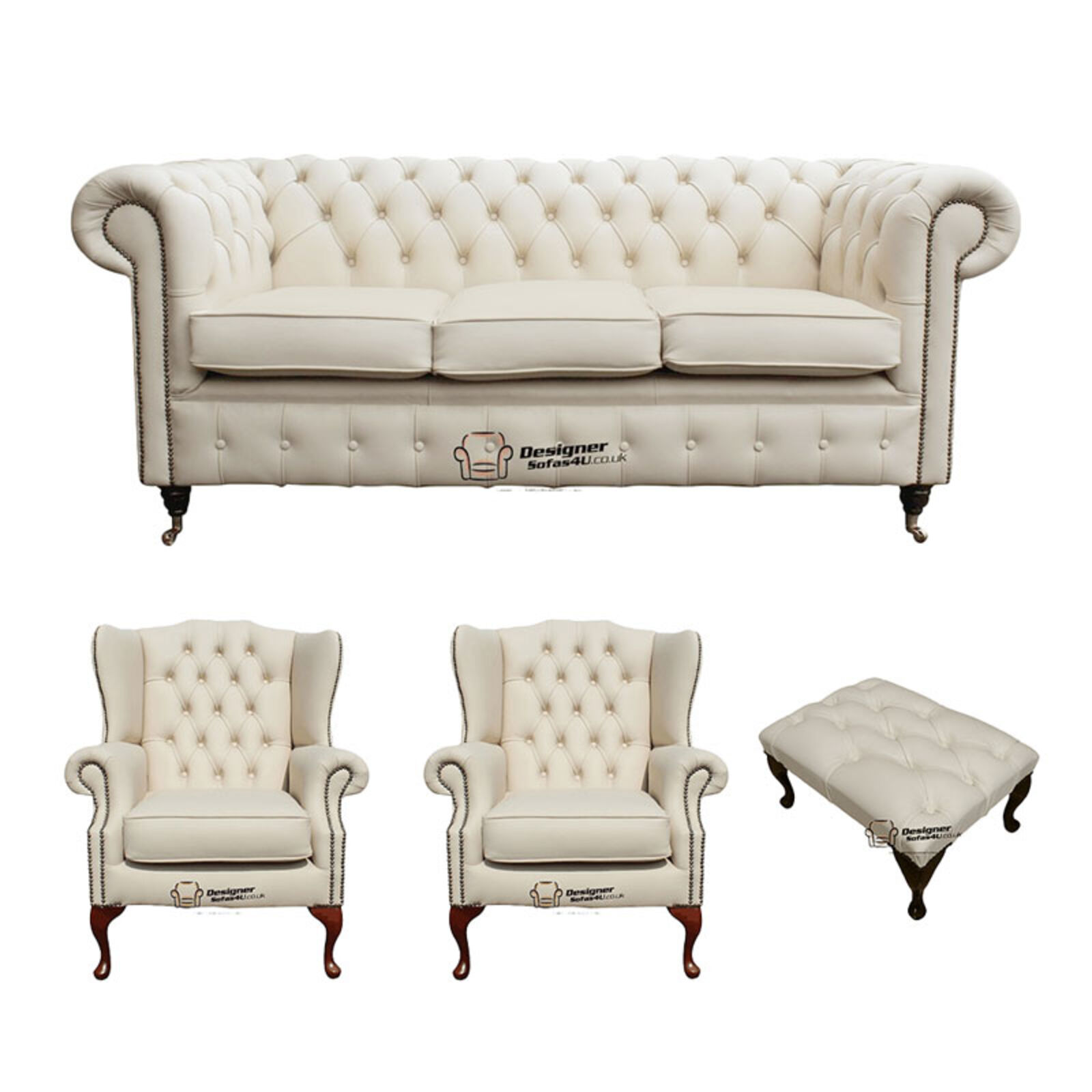 Product photograph of Chesterfield 3 Seater Sofa 2 X Mallory Wing Chair Footstool Leather Sofa Suite Offer Ivory from Designer Sofas 4U