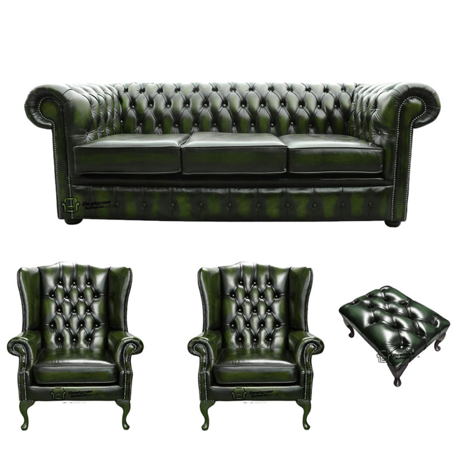 Product photograph of Chesterfield 3 Seater Sofa 2 X Mallory Wing Chair Footstool Leather Sofa Suite Offer Antique Green from Designer Sofas 4U