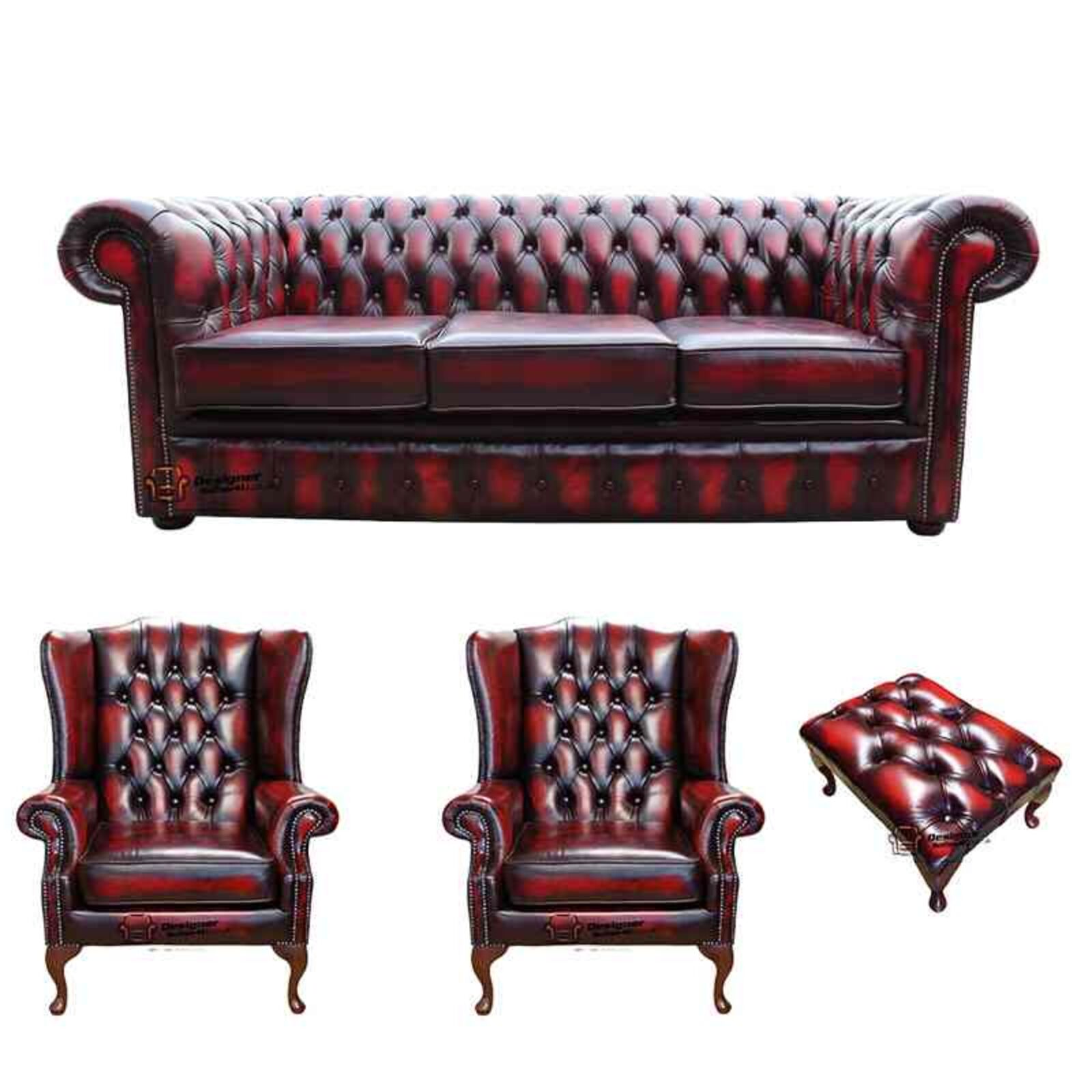 Product photograph of Chesterfield 3 Seater Sofa 2 X Mallory Wing Chair Footstool Leather Sofa Suite Offer Antique Oxblood from Designer Sofas 4U
