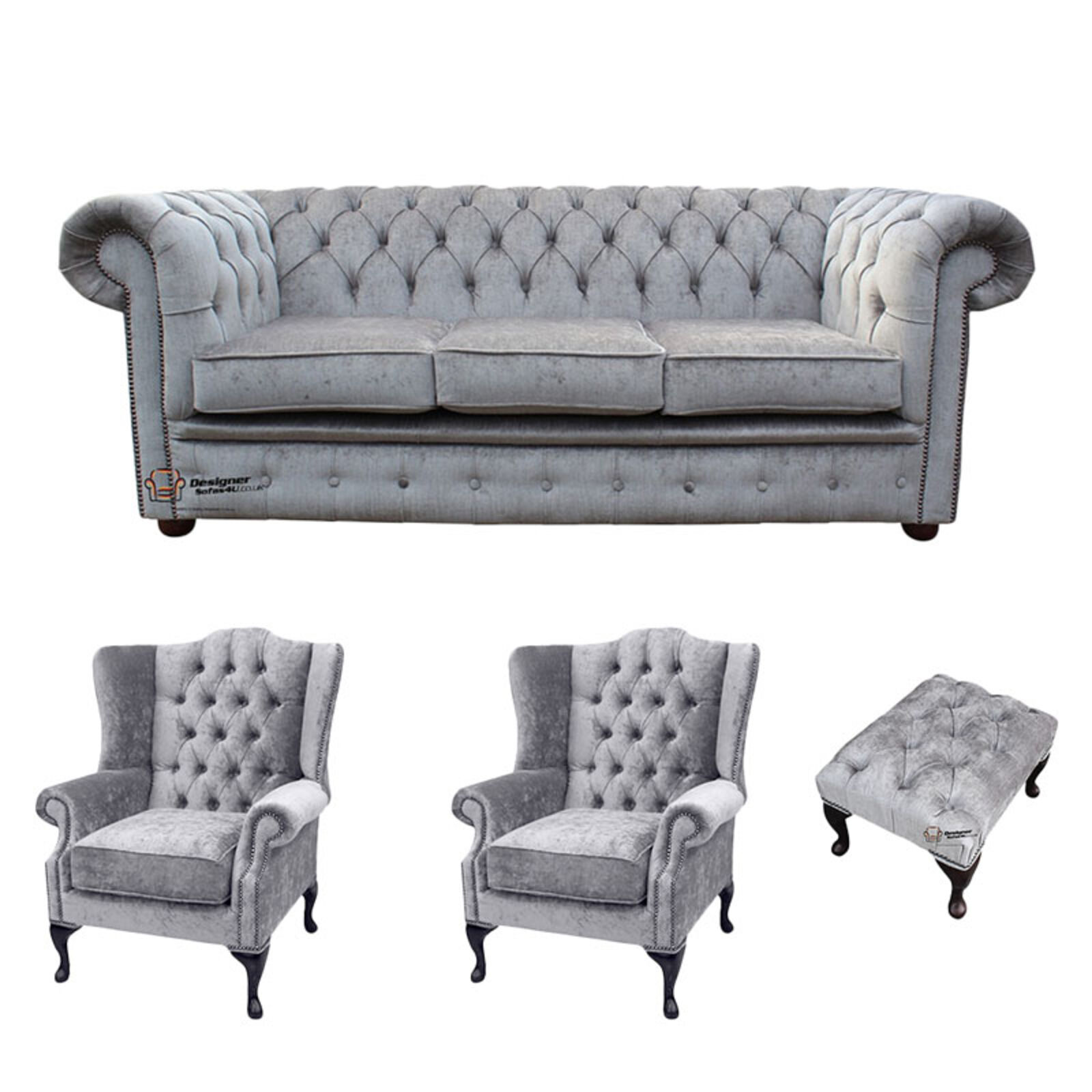 Product photograph of Chesterfield 3 Seater Sofa 2 X Mallory Wing Chairs Footstool Harmony Dusk Velvet Sofa Suite Offer from Designer Sofas 4U