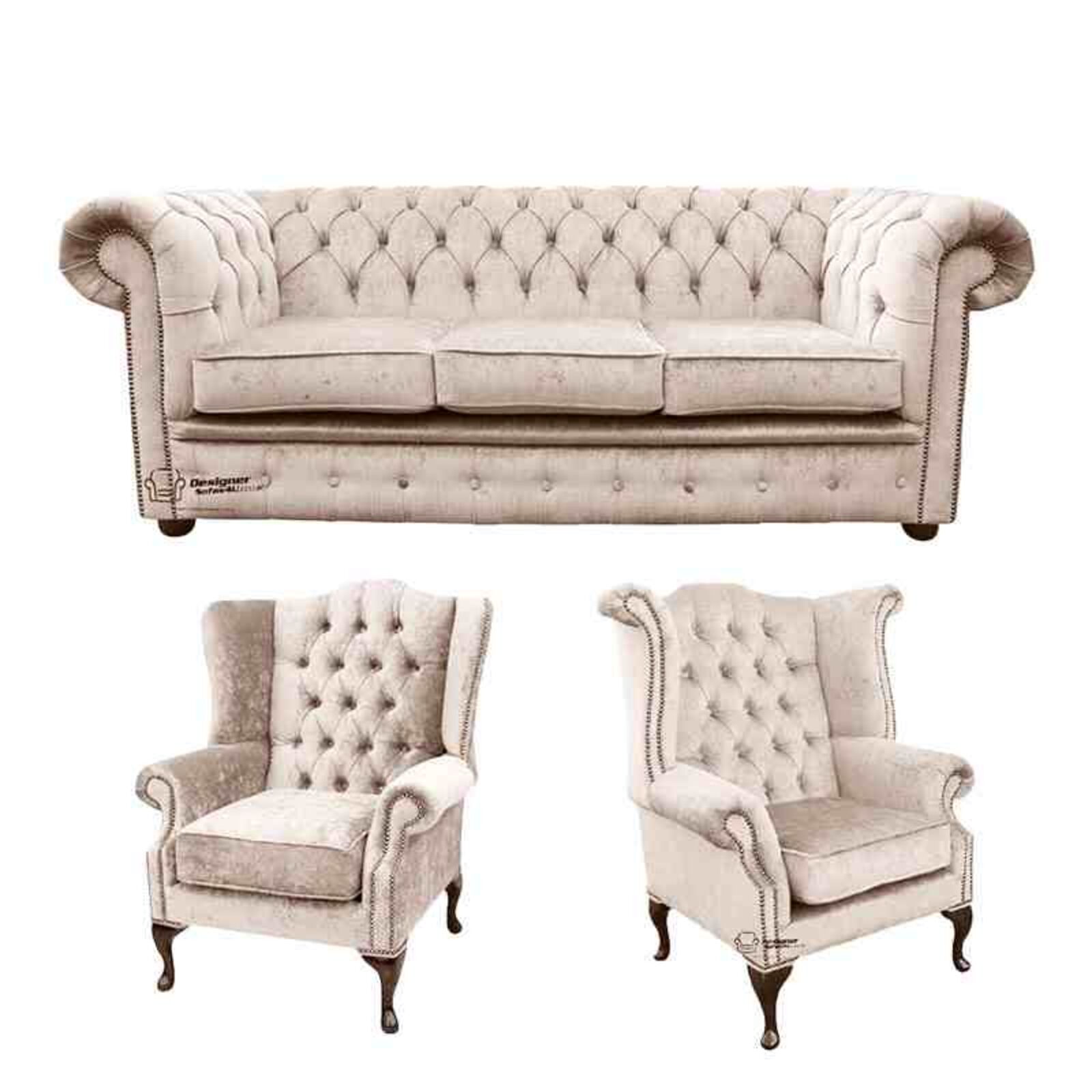 Product photograph of Chesterfield 3 Seater Sofa 1 X Mallory Wing Chair 1 X Queen Anne Wing Chair Harmony Ivory Velvet Sofa Suite Offer from Designer Sofas 4U