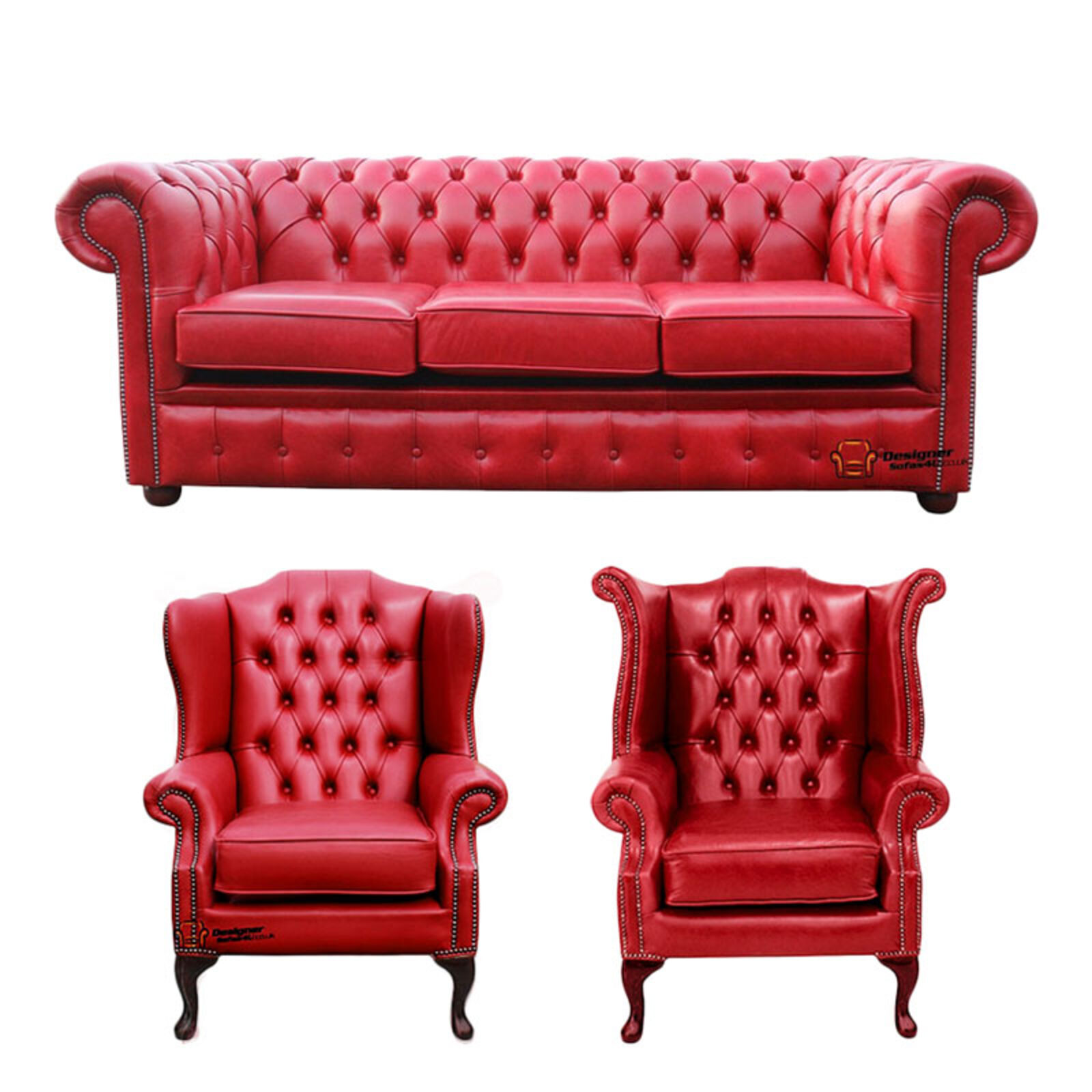 Product photograph of Chesterfield 3 Seater Sofa 1 X Mallory Wing Chair 1 X Queen Anne Chair Old English Gamay Red Leather Sofa Offer from Designer Sofas 4U