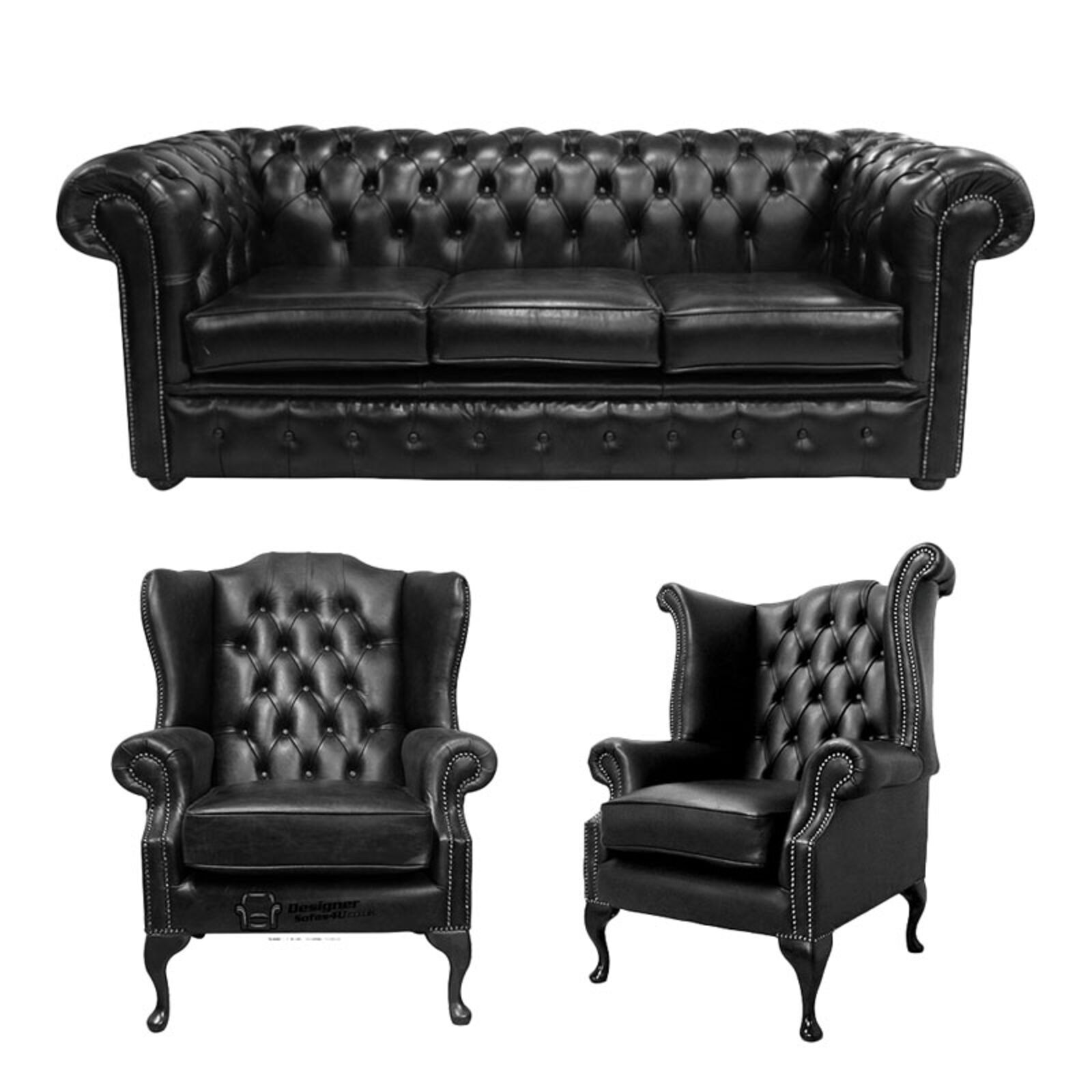 Product photograph of Chesterfield 3 Seater Sofa 1 X Mallory Wing Chair 1 X Queen Anne Chair Old English Black Leather Sofa Offer from Designer Sofas 4U
