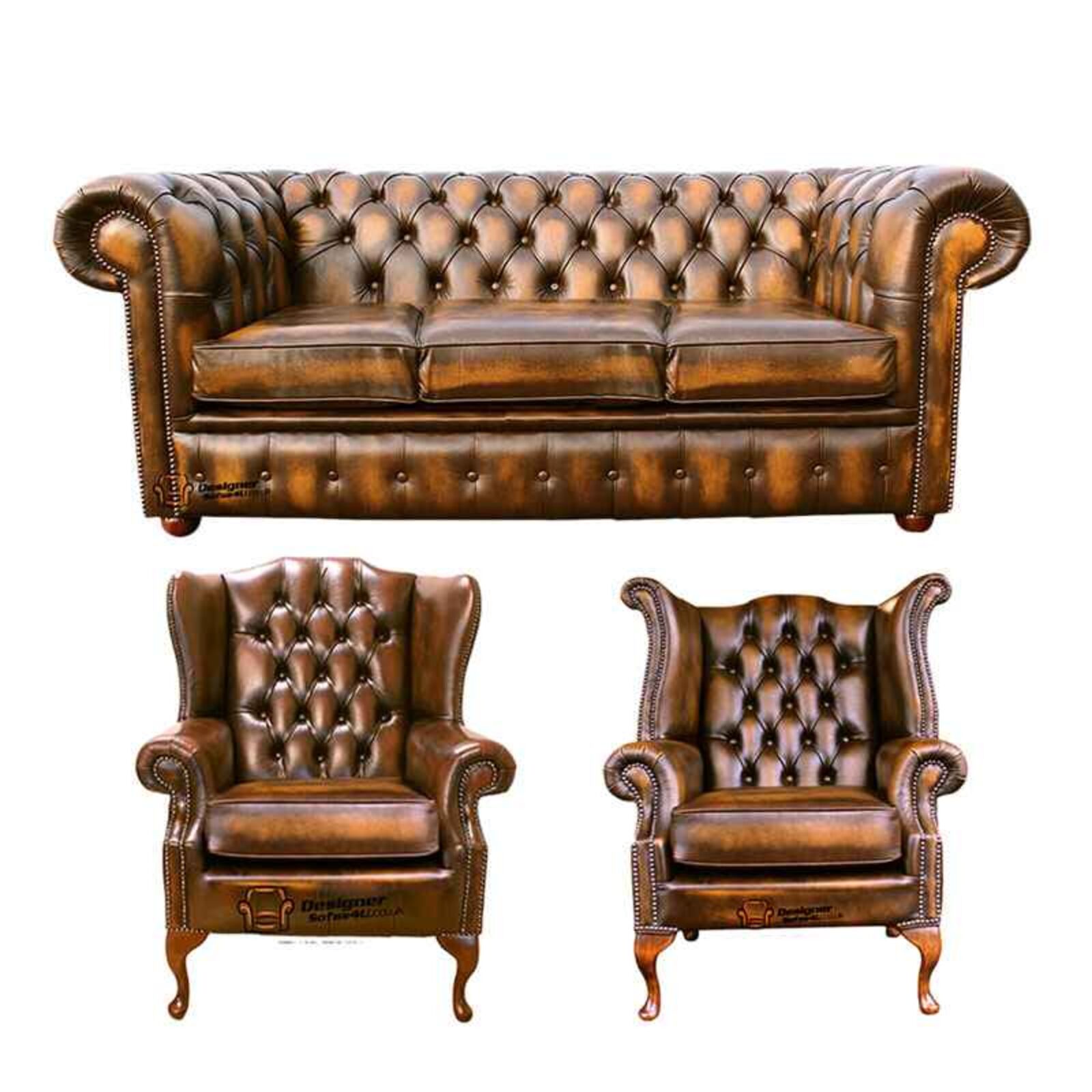 Product photograph of Chesterfield 3 Seater Sofa 1 X Mallory Wing Chair 1 X Queen Anne Wing Chair Leather Sofa Suite Offer Antique Gold from Designer Sofas 4U
