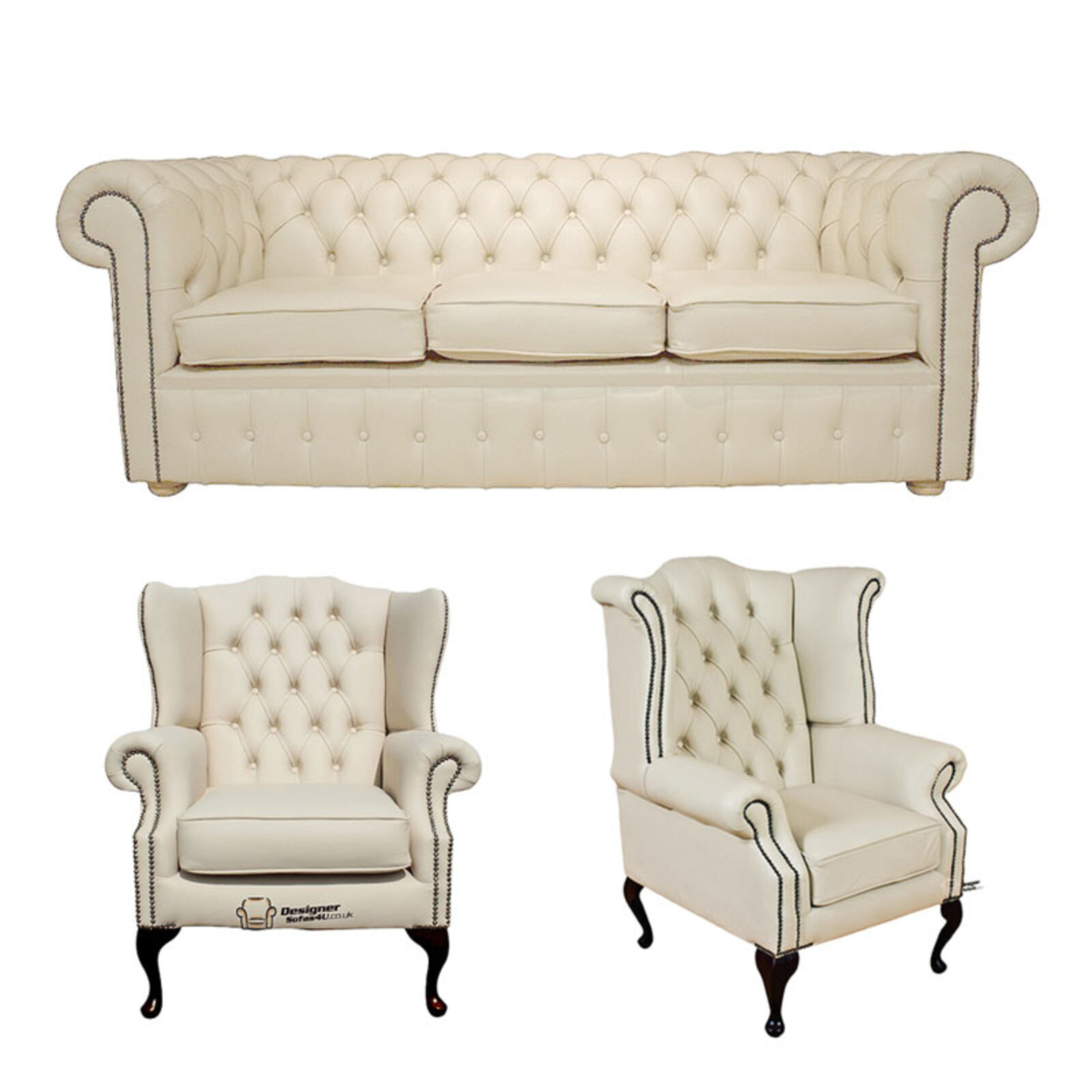 Product photograph of Chesterfield 3 Seater Sofa 1 X Mallory Wing Chair 1 X Queen Anne Wing Chair Leather Sofa Suite Offer Cottonseed Cream from Designer Sofas 4U