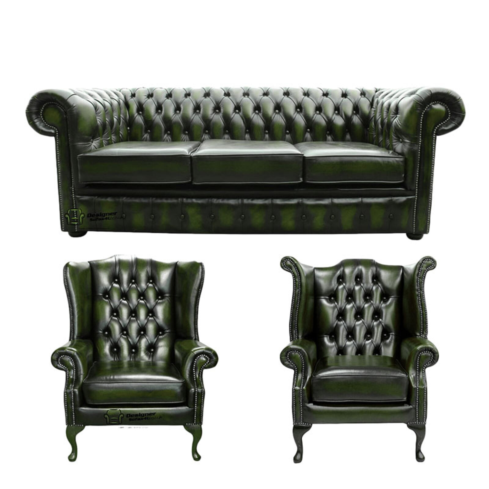 Product photograph of Chesterfield 3 Seater Sofa 1 X Mallory Wing Chair 1 X Queen Anne Wing Chair Leather Sofa Suite Offer Antique Green from Designer Sofas 4U