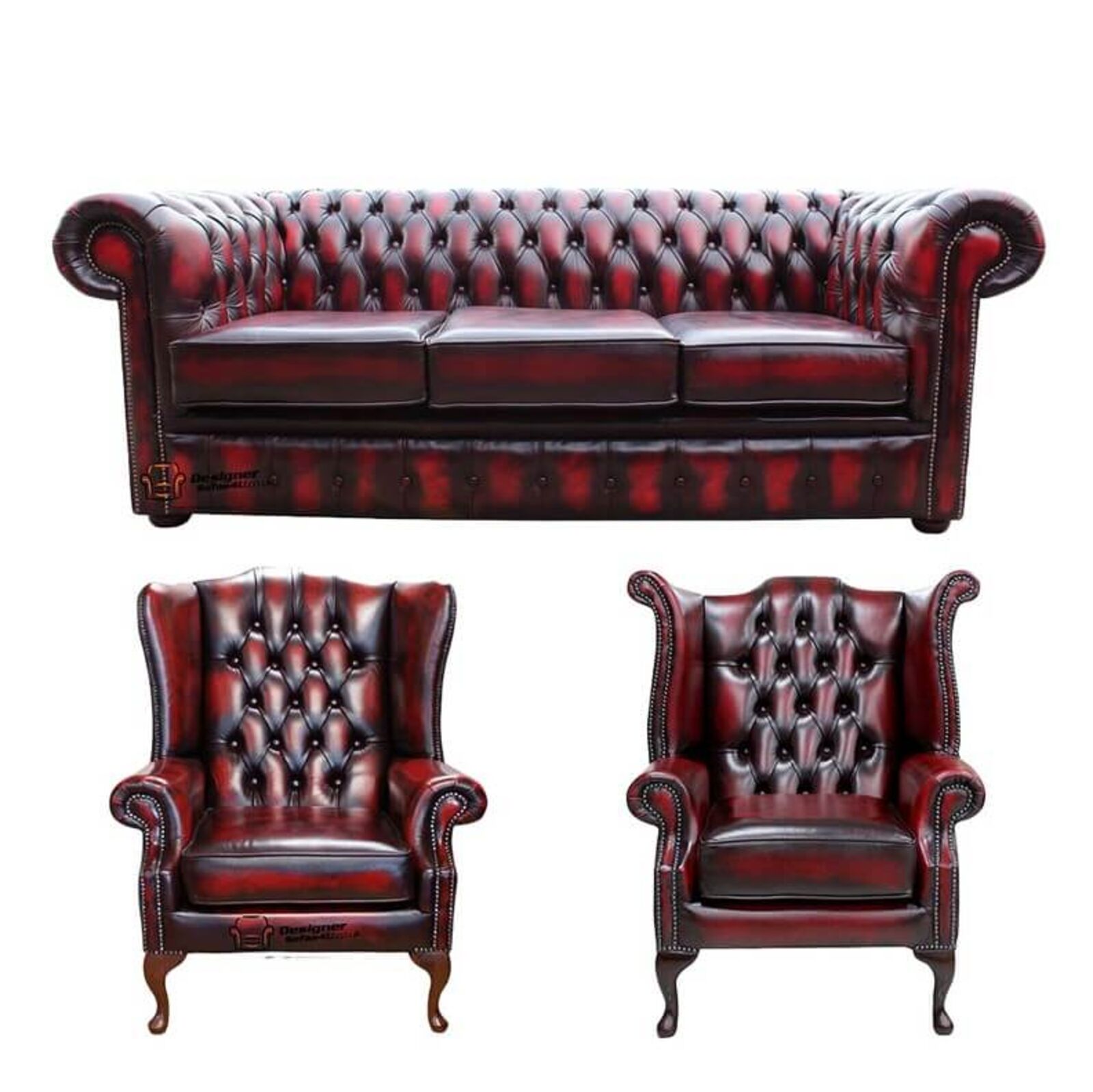 Product photograph of Chesterfield 3 Seater Sofa 1 X Mallory Wing Chair 1 X Queen Anne Wing Chair Leather Sofa Suite Offer Antique Oxblood from Designer Sofas 4U