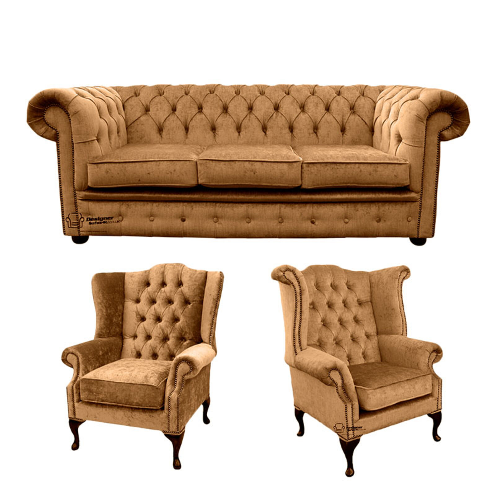 Product photograph of Chesterfield 3 Seater Sofa 1 X Mallory Wing Chair 1 X Queen Anne Wing Chair Harmony Gold Velvet Sofa Suite Offer from Designer Sofas 4U