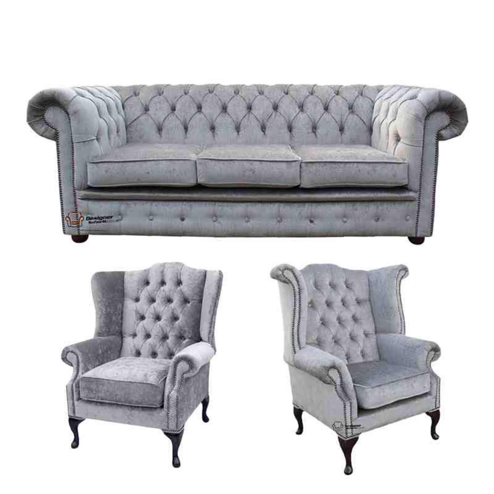 Product photograph of Chesterfield 3 Seater Sofa 1 X Mallory Wing Chair 1 X Queen Anne Wing Chair Harmony Dusk Velvet Sofa Suite Offer from Designer Sofas 4U