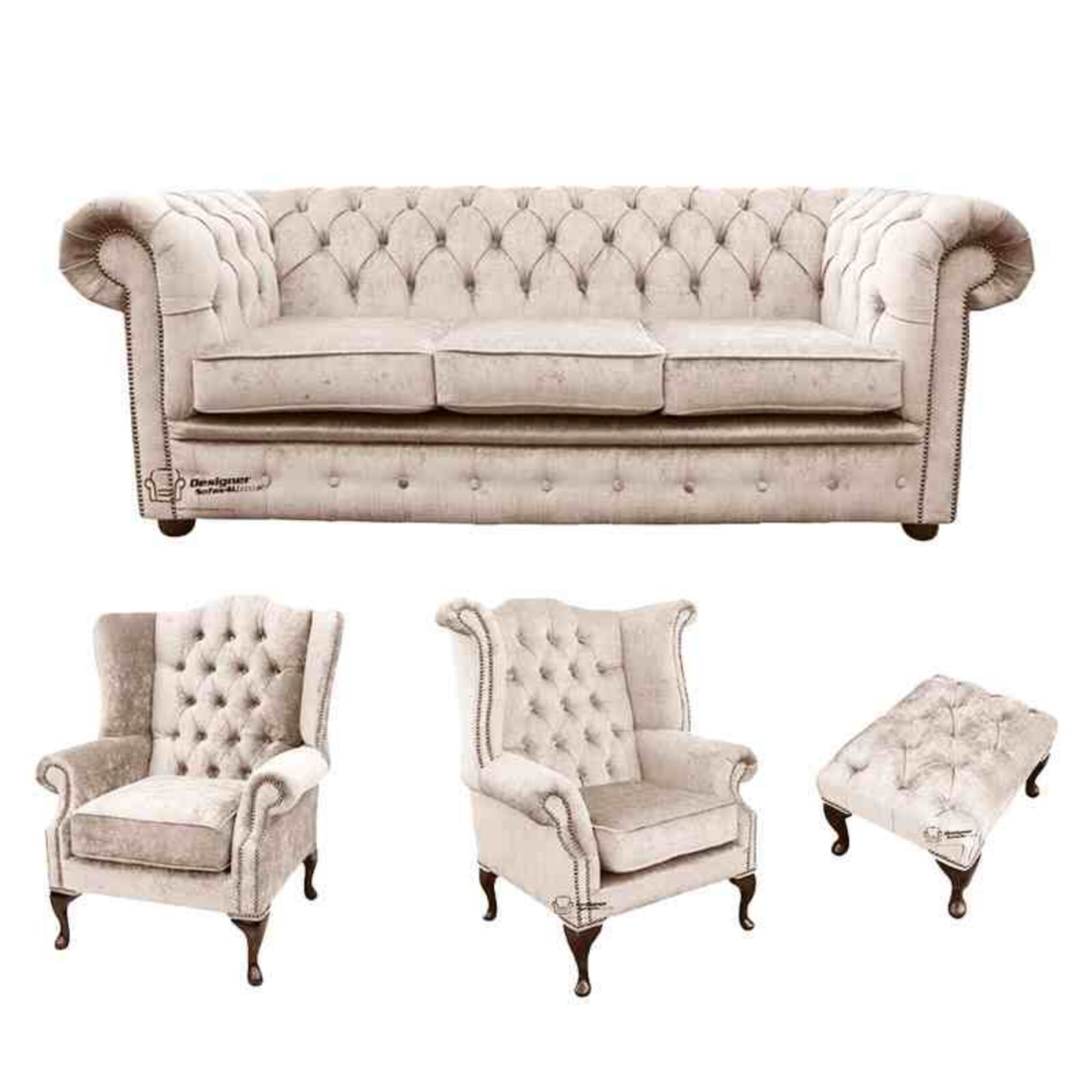 Product photograph of Chesterfield 3 Seater Sofa 1 X Mallory Wing Chair 1 X Queen Anne Wing Chair Footstool Harmony Ivory Velvet Sofa Suite Offer from Designer Sofas 4U