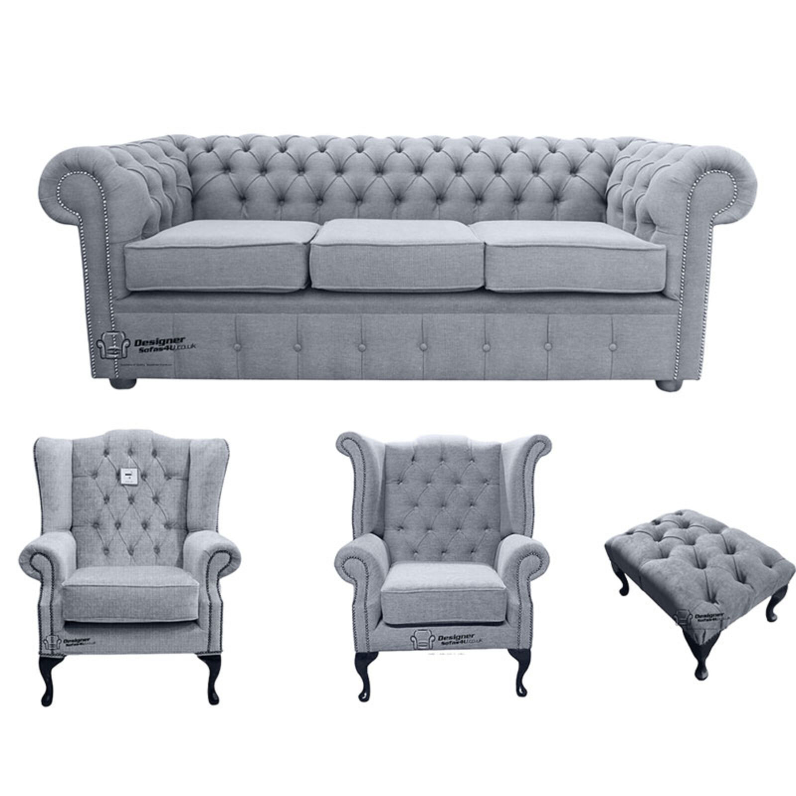 Product photograph of Chesterfield 3 Seater Sofa 1 X Mallory Wing Chair 1 X Queen Anne Wing Chair Footstool Verity Plain Steel Fabric Sofa Suite Offer from Designer Sofas 4U