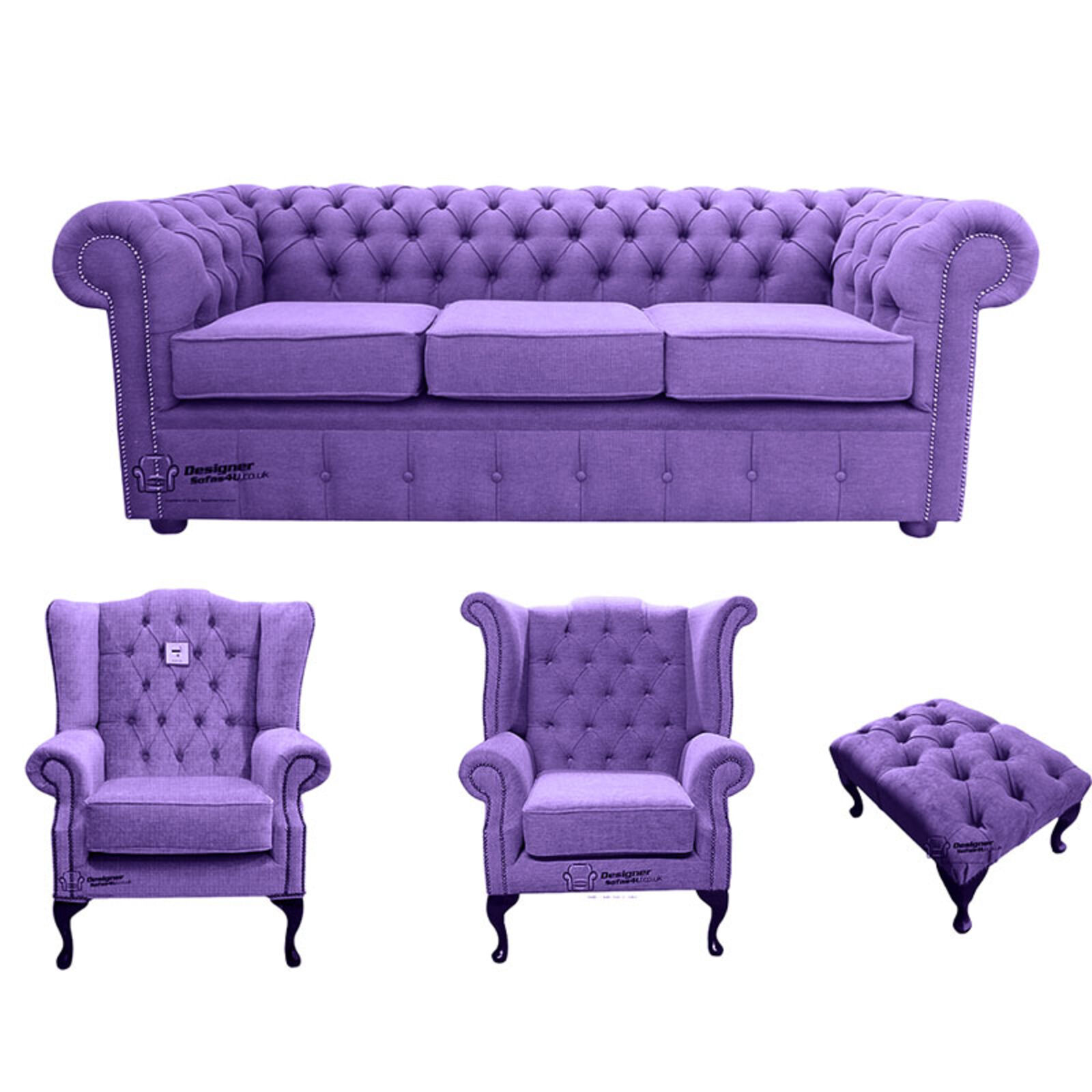Product photograph of Chesterfield 3 Seater Sofa 1 X Mallory Wing Chair 1 X Queen Anne Wing Chair Footstool Verity Purple Fabric Sofa Suite Offer from Designer Sofas 4U