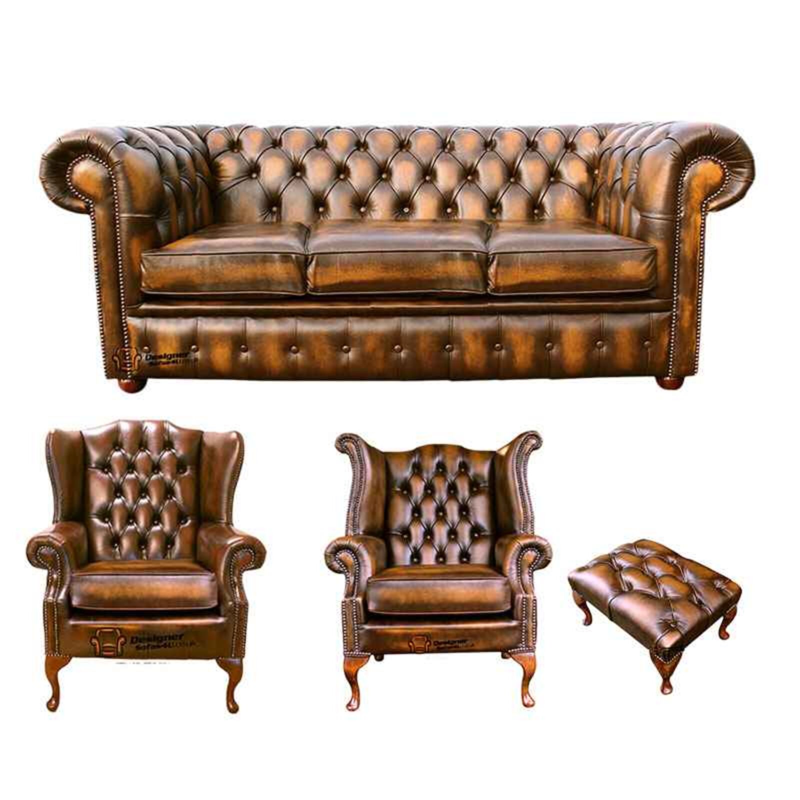 Product photograph of Chesterfield 3 Seater Sofa 1 X Mallory Wing Chair 1 X Queen Anne Wing Chair Footstool Leather Sofa Suite Offer Antique Gold from Designer Sofas 4U