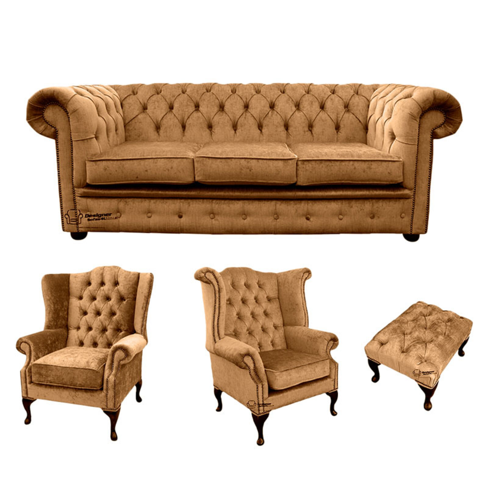 Product photograph of Chesterfield 3 Seater Sofa 1 X Mallory Wing Chair 1 X Queen Anne Wing Chair Footstool Harmony Gold Velvet Sofa Suite Offer from Designer Sofas 4U