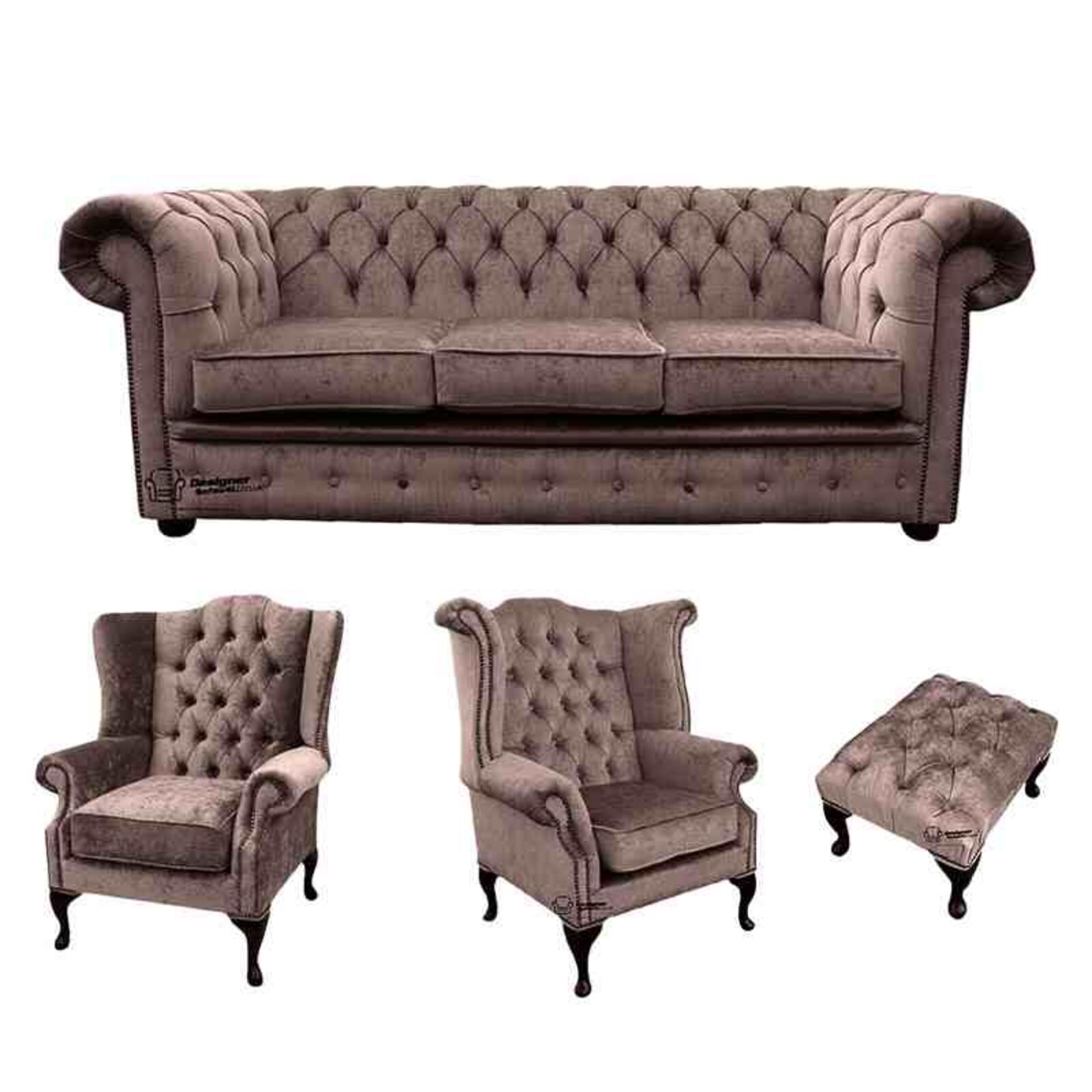 Product photograph of Chesterfield 3 Seater Sofa 1 X Mallory Wing Chair 1 X Queen Anne Wing Chair Footstool Harmony Charcoal Velvet Sofa Suite Offer from Designer Sofas 4U