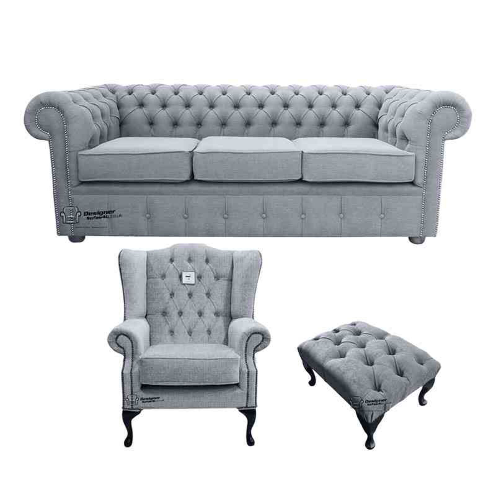 Product photograph of Chesterfield 3 Seater Sofa Mallory Wing Chair Footstool Verity Plain Steel Fabric Sofa Suite Offer from Designer Sofas 4U