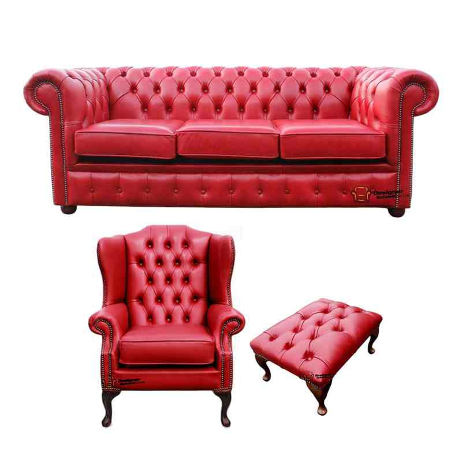 Product photograph of Chesterfield 3 Seater Sofa Mallory Wing Chair Footstool Old English Gamay Red Leather Sofa Offer from Designer Sofas 4U