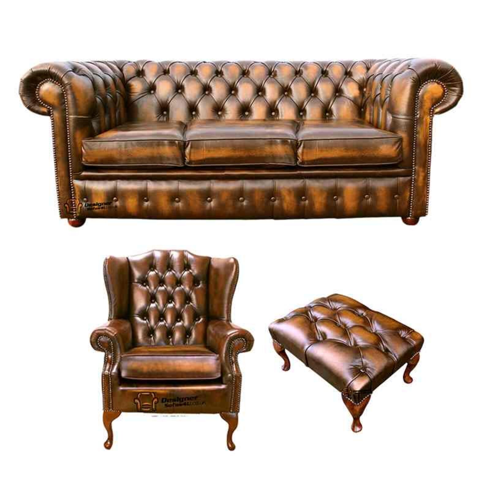 Product photograph of Chesterfield 3 Seater Sofa Mallory Wing Chair Footstool Leather Sofa Suite Offer Antique Gold from Designer Sofas 4U