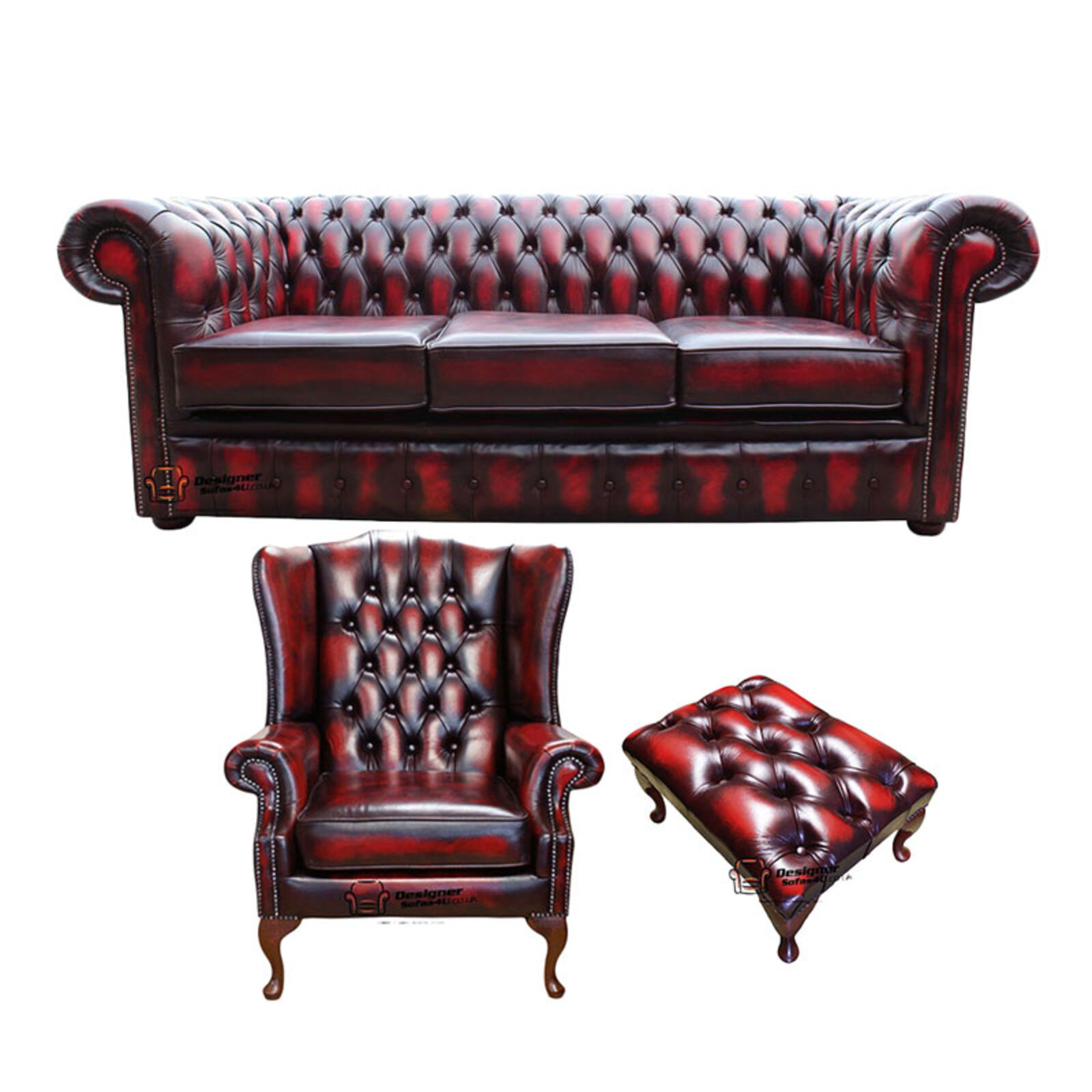 Product photograph of Chesterfield 3 Seater Sofa Mallory Wing Chair Footstool Leather Sofa Suite Offer Antique Oxblood from Designer Sofas 4U