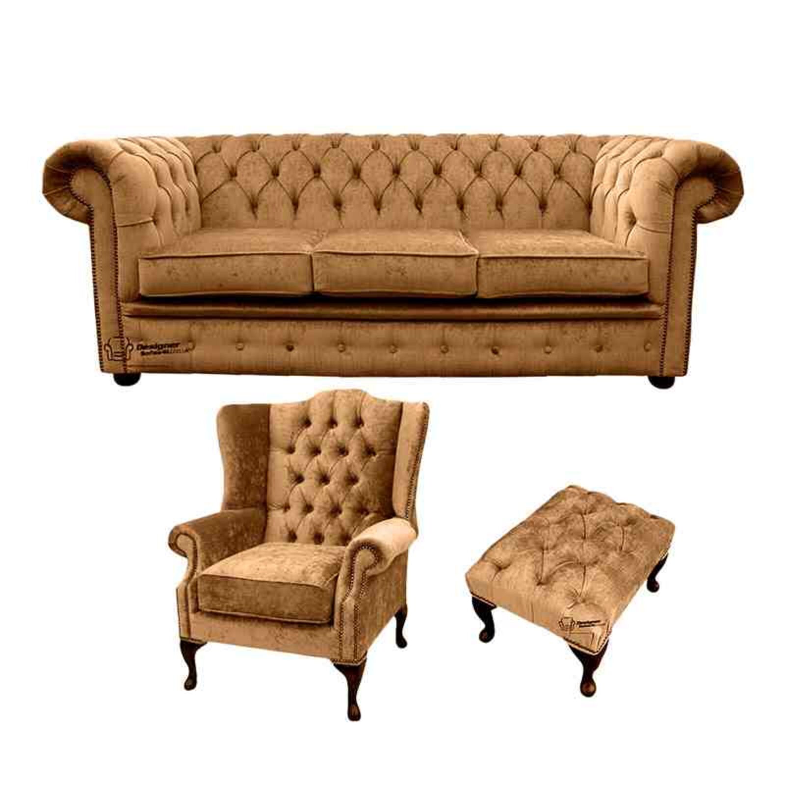 Product photograph of Chesterfield 3 Seater Sofa Mallory Wing Chair Footstool Harmony Gold Velvet Sofa Suite Offer from Designer Sofas 4U
