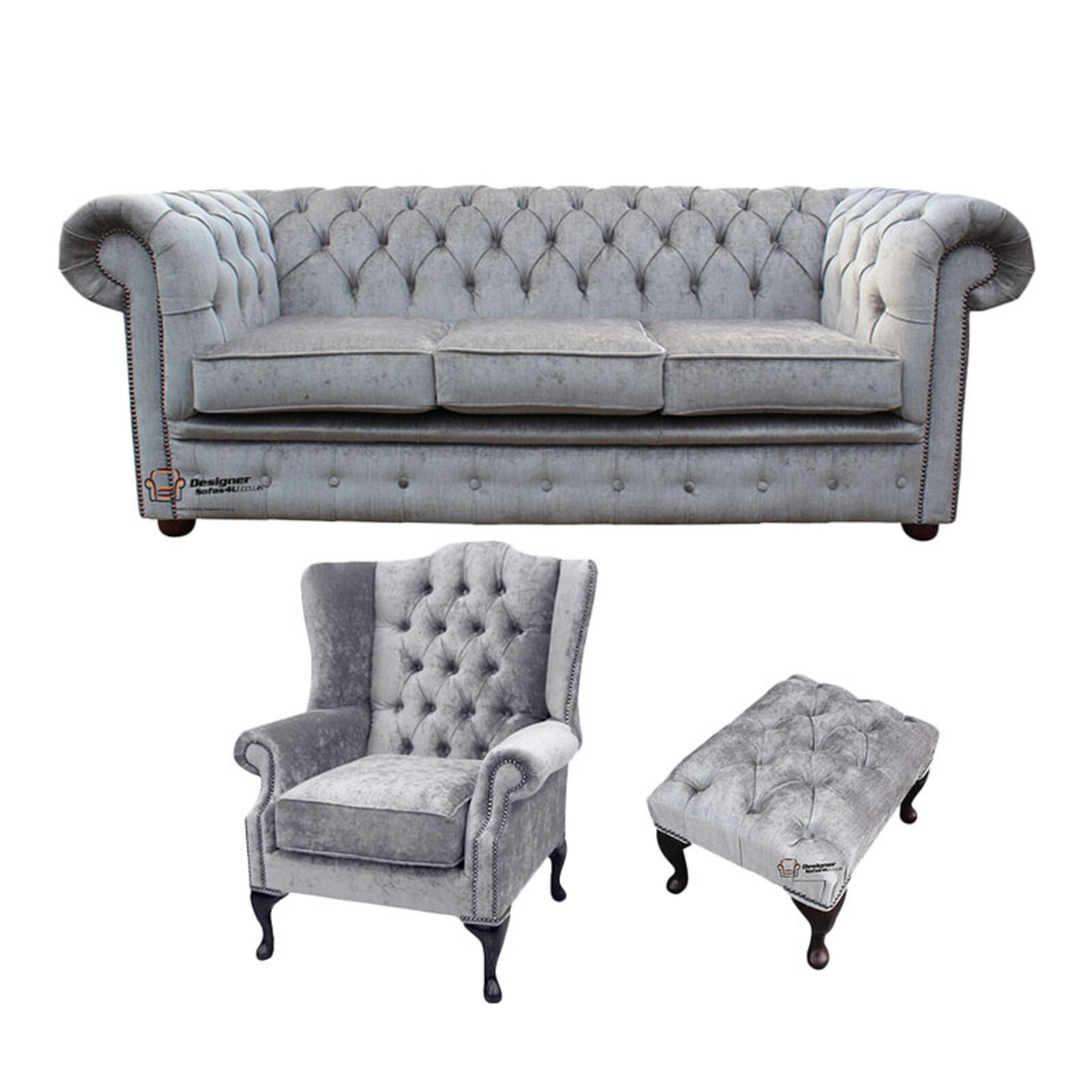 Product photograph of Chesterfield 3 Seater Sofa Mallory Wing Chair Footstool Harmony Dusk Velvet Sofa Suite Offer from Designer Sofas 4U