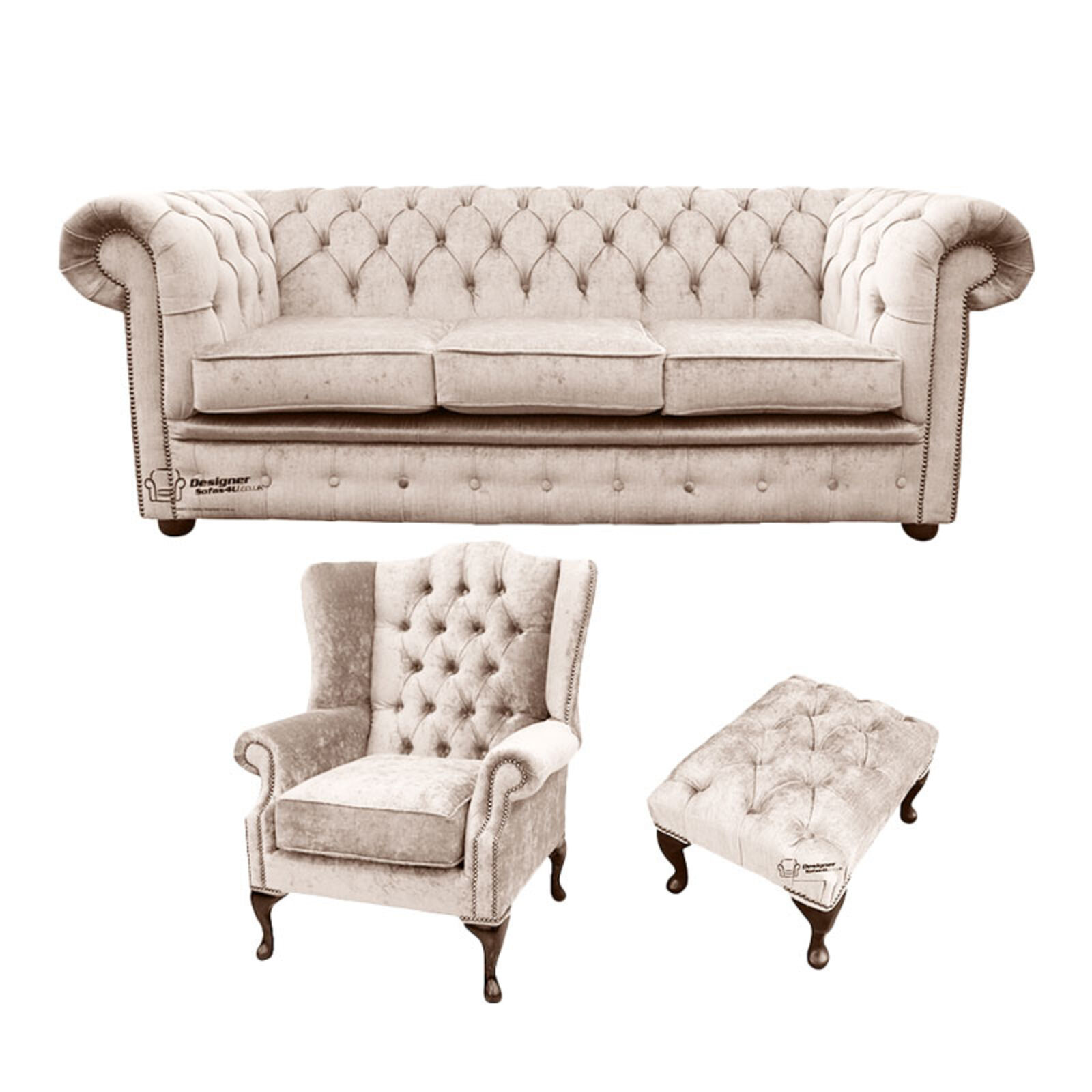 Product photograph of Chesterfield 3 Seater Sofa Mallory Wing Chair Footstool Harmony Ivory Velvet Sofa Suite Offer from Designer Sofas 4U