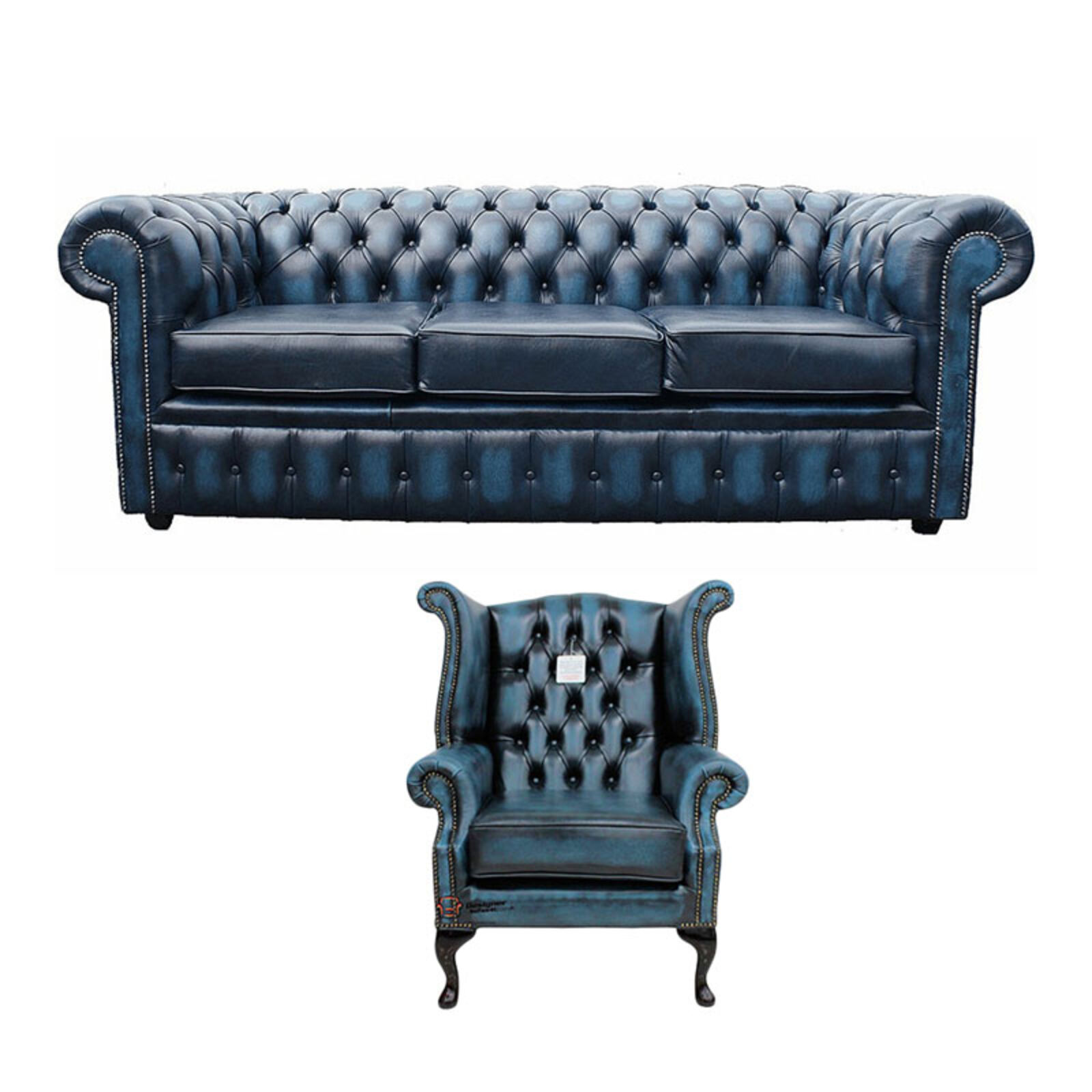 Product photograph of Chesterfield 3 Seater Sofa Queen Anne Wing Chair Leather Sofa Suite Offer Antique Blue from Designer Sofas 4U