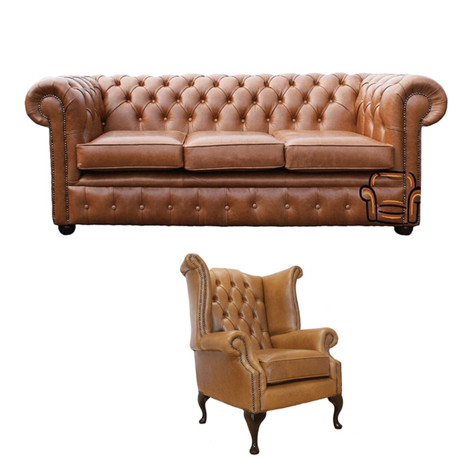 Product photograph of Chesterfield 3 Seater Sofa Queen Anne Chair Old English Tan Leather Sofa Offer from Designer Sofas 4U