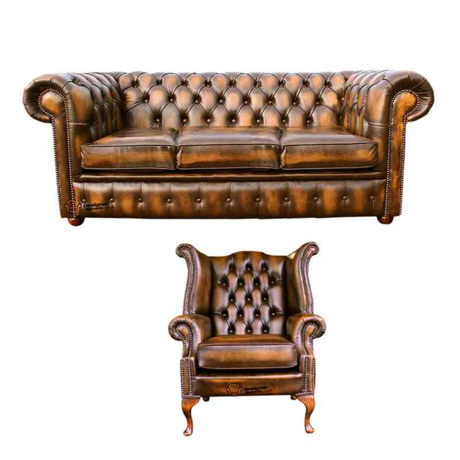 Product photograph of Chesterfield 3 Seater Sofa Queen Anne Wing Chair Leather Sofa Suite Offer Antique Gold from Designer Sofas 4U