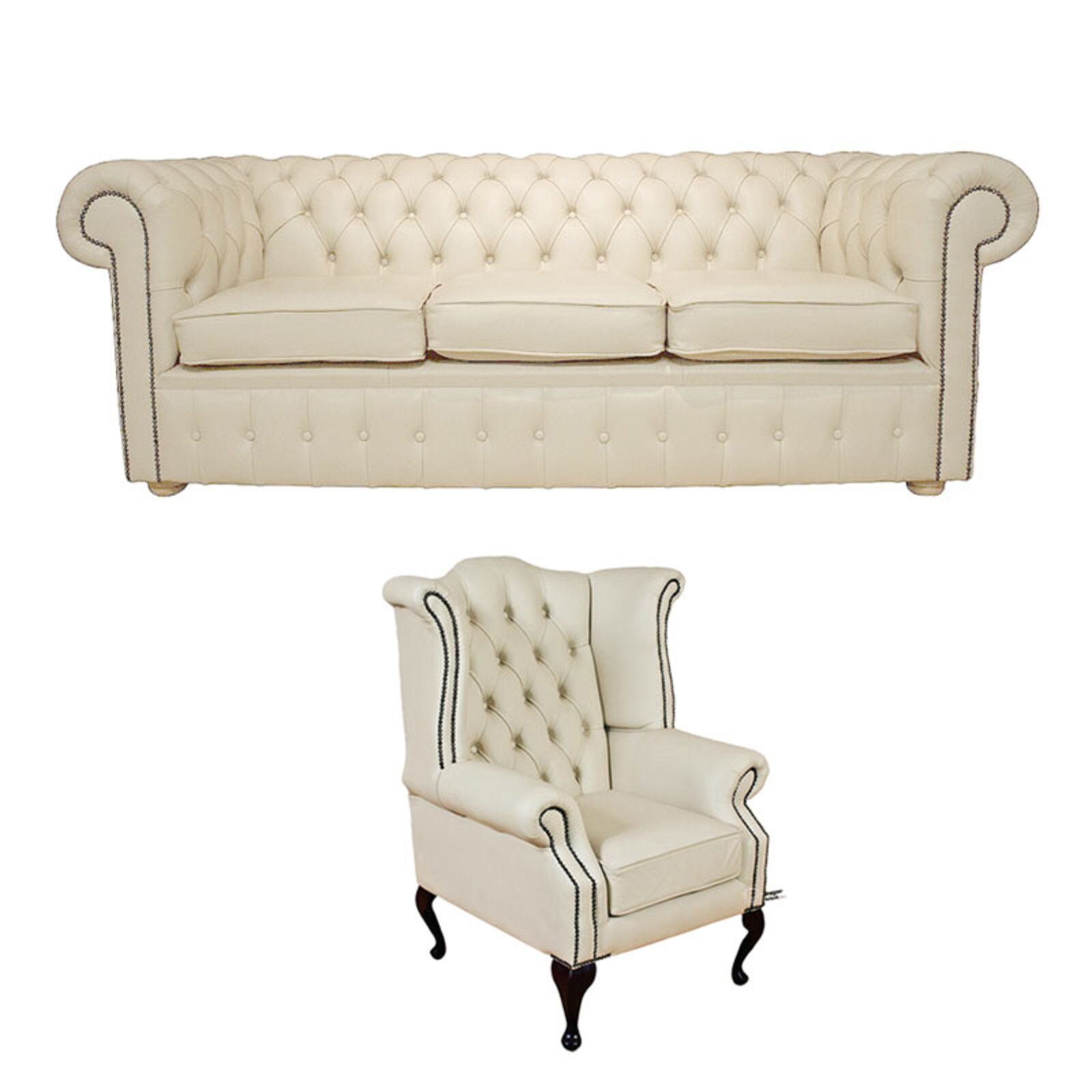 Product photograph of Chesterfield 3 Seater Sofa Queen Anne Wing Chair Leather Sofa Suite Offer Cottonseed Cream from Designer Sofas 4U