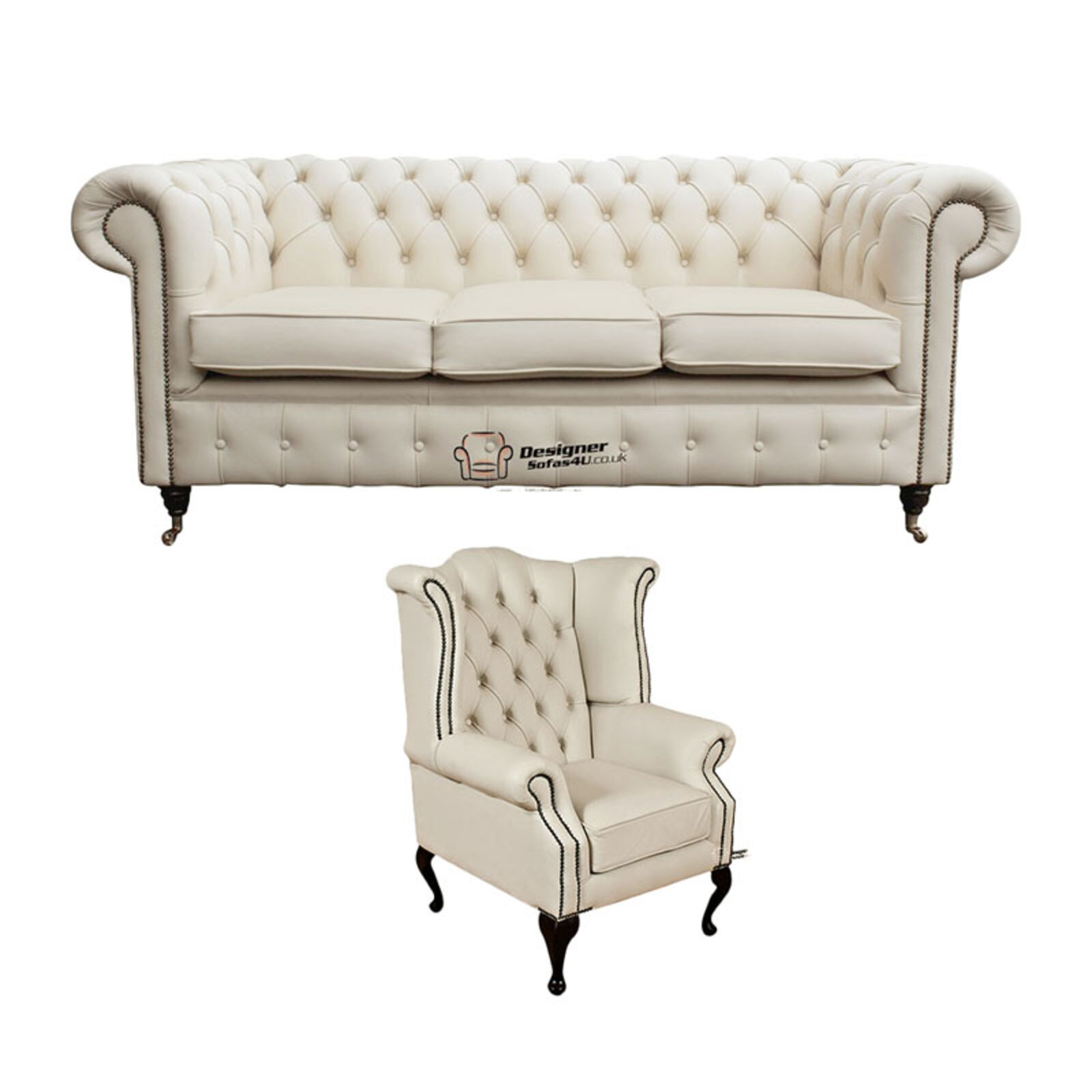 Product photograph of Chesterfield 3 Seater Sofa Queen Anne Wing Chair Leather Sofa Suite Offer Ivory from Designer Sofas 4U