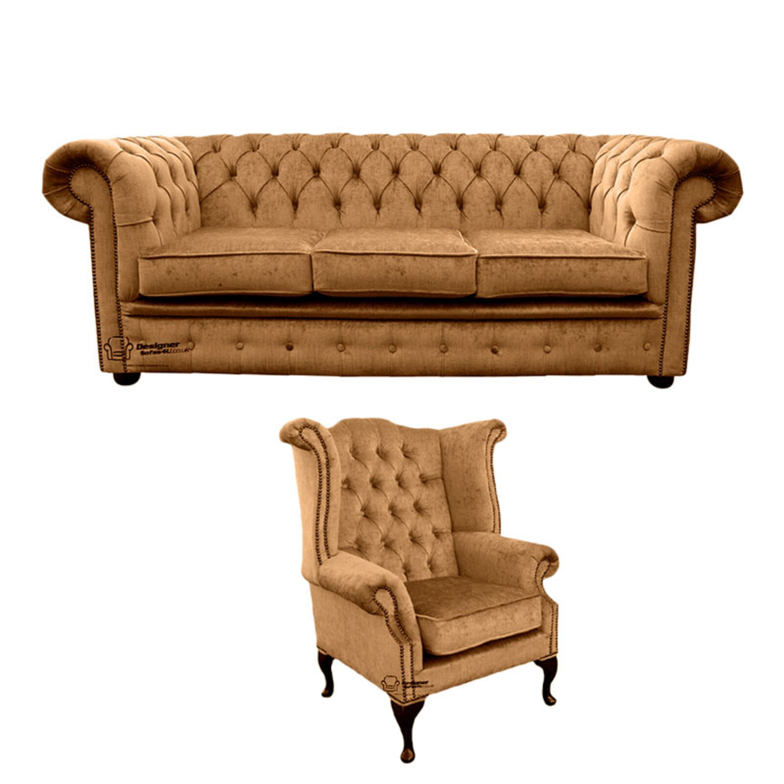 Product photograph of Chesterfield 3 Seater Sofa Queen Anne Wing Chair Harmony Gold Velvet Sofa Suite Offer from Designer Sofas 4U