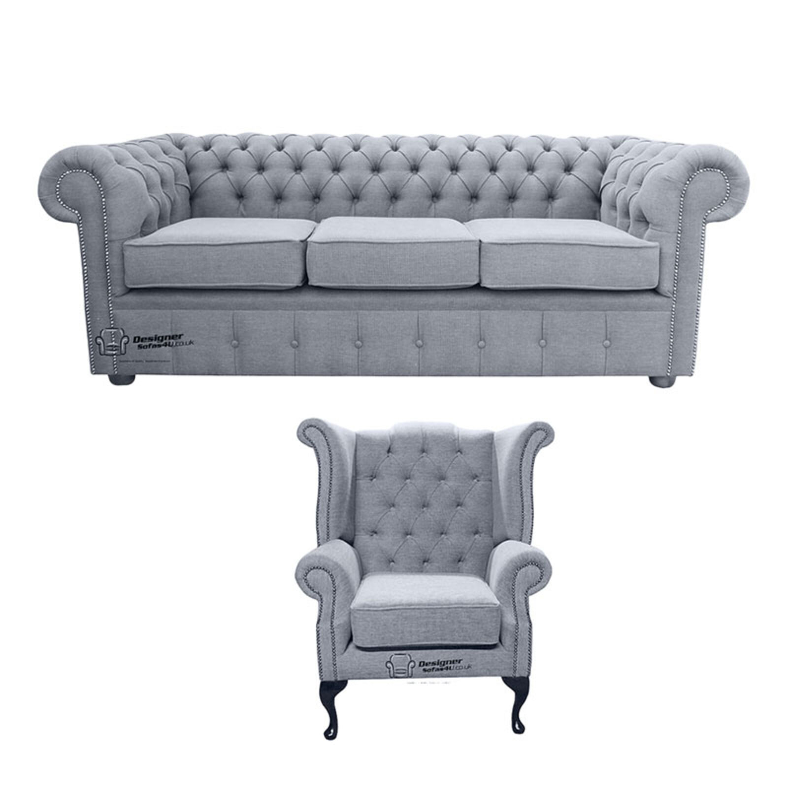 Product photograph of Chesterfield 3 Seater Sofa Queen Anne Wing Chair Verity Plain Steel Fabric Sofa Suite Offer from Designer Sofas 4U