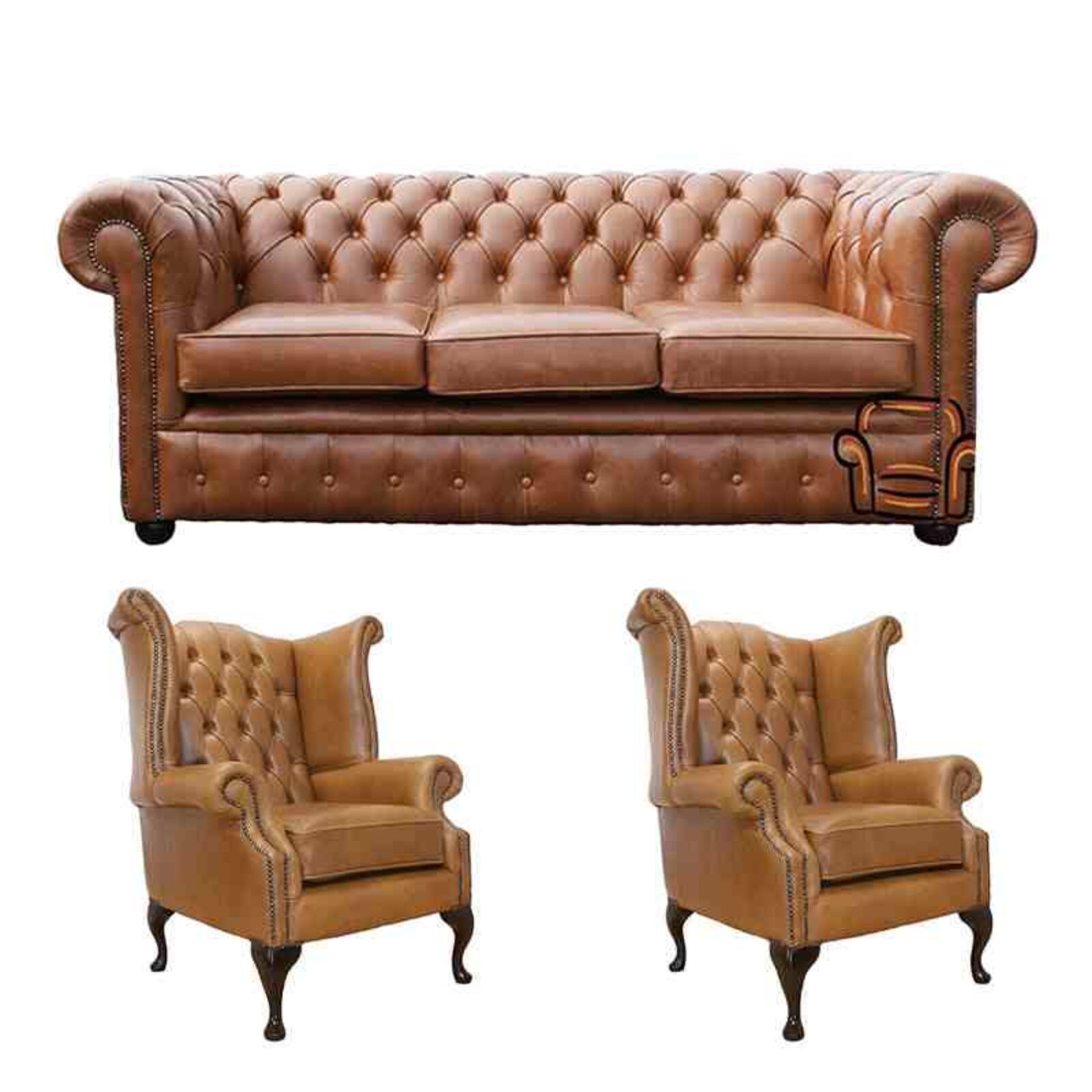 Product photograph of Chesterfield 3 Seater Sofa 2 X Queen Anne Chairs Leather Sofa Suite Offer Antique Blue from Designer Sofas 4U