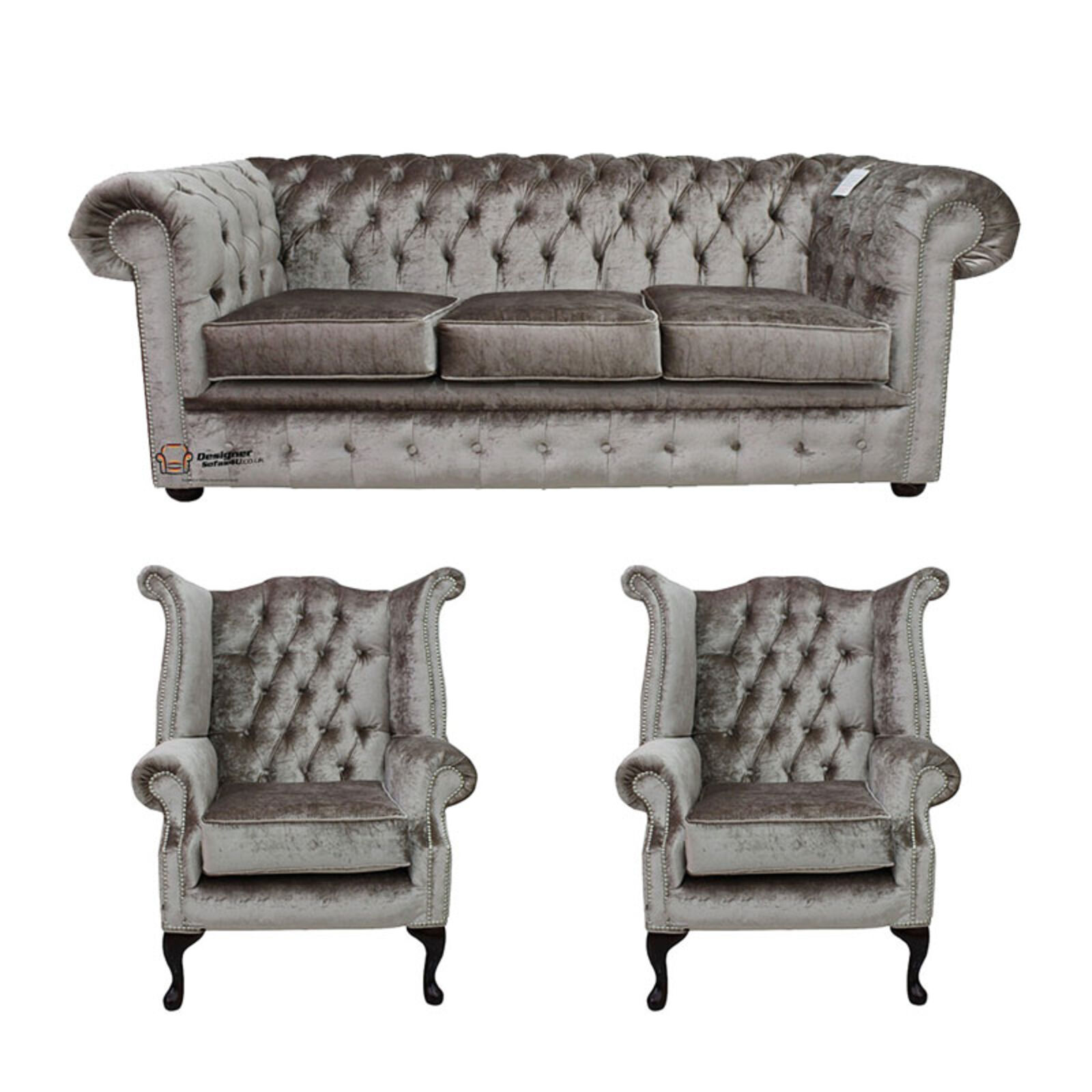 Product photograph of Chesterfield 3 Seater 2 X Queen Anne Chairs Boutique Beige Velvet Sofa Suite Offer from Designer Sofas 4U
