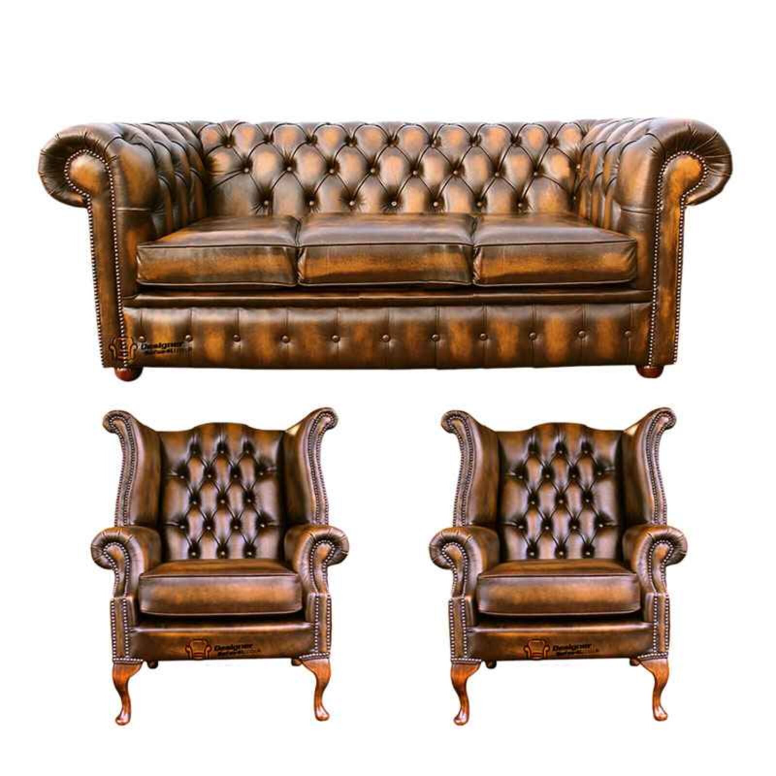 Product photograph of Chesterfield 3 Seater Sofa 2 X Queen Anne Chairs Leather Sofa Suite Offer Antique Gold from Designer Sofas 4U