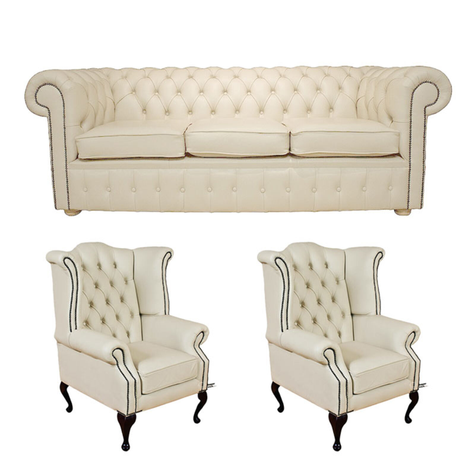 Product photograph of Chesterfield 3 Seater Sofa 2 X Queen Anne Chairs Leather Sofa Suite Offer Cottonseed Cream from Designer Sofas 4U