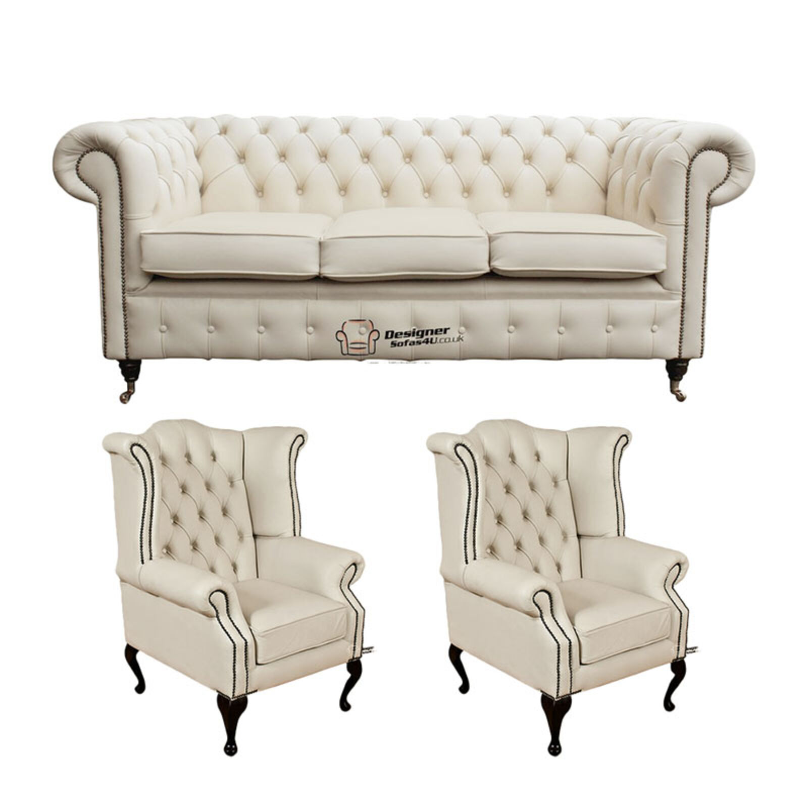Product photograph of Chesterfield 3 Seater Sofa 2 X Queen Anne Chairs Leather Sofa Suite Offer Ivory from Designer Sofas 4U